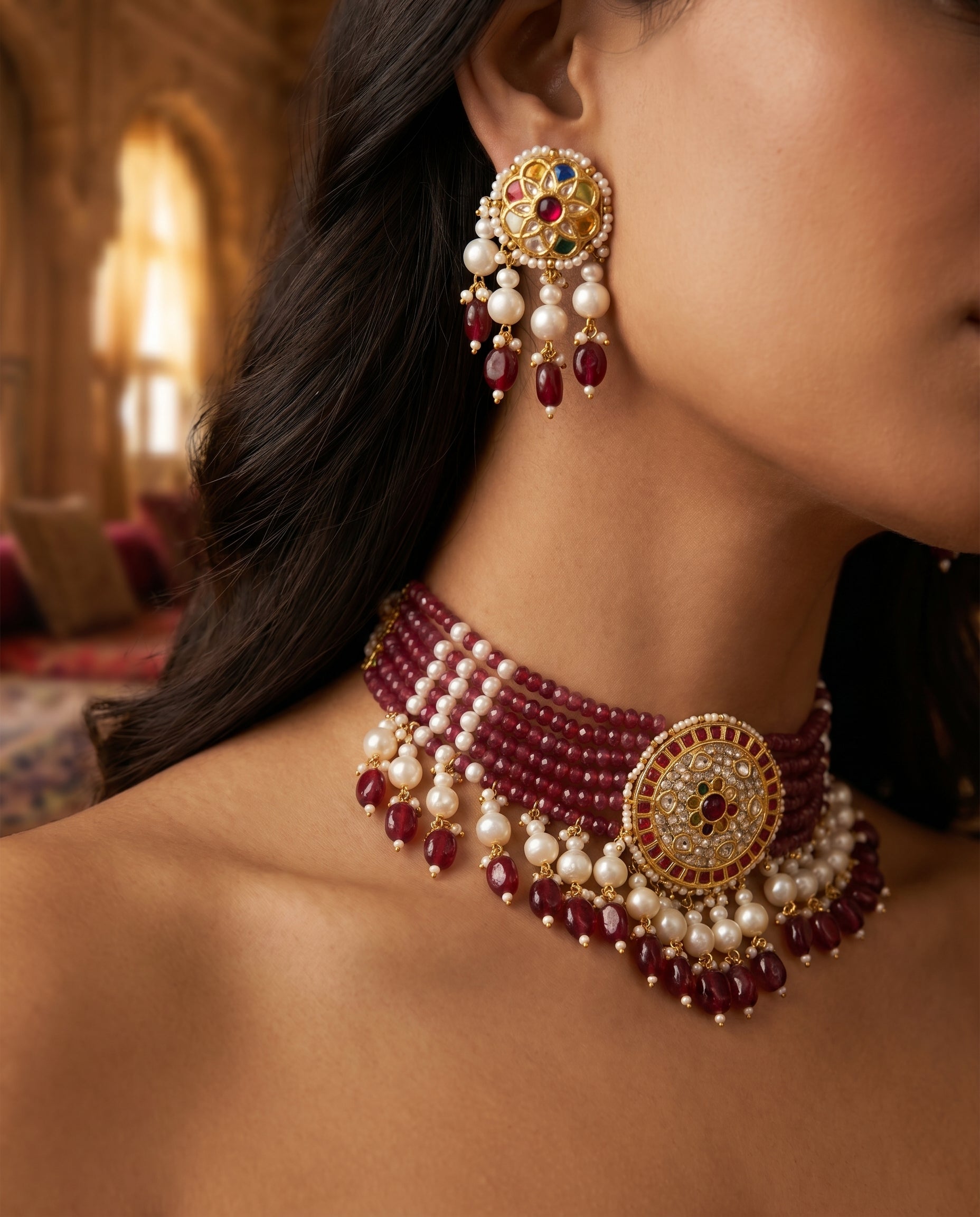 Jharoka Red navaratan choker | Vama Gears