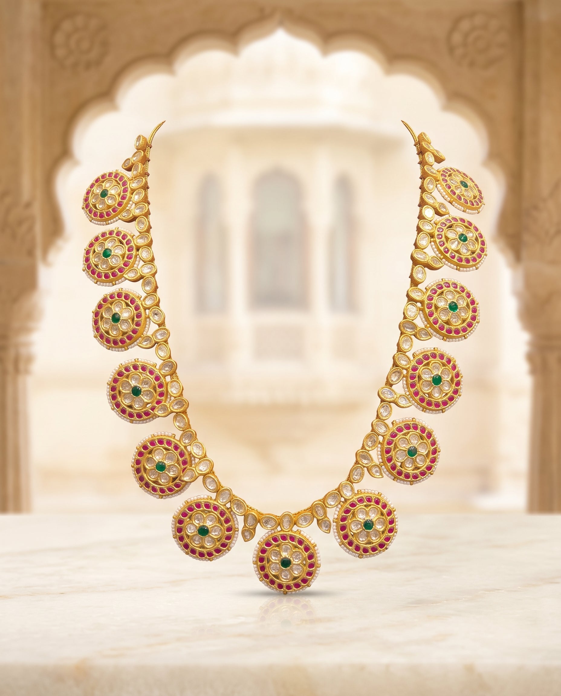 Handcrafted 22kt Gold Full Polki Bottumala Long Necklace with 20 Carat Certified Syndicate Polki Running Full Length in Thapa Work