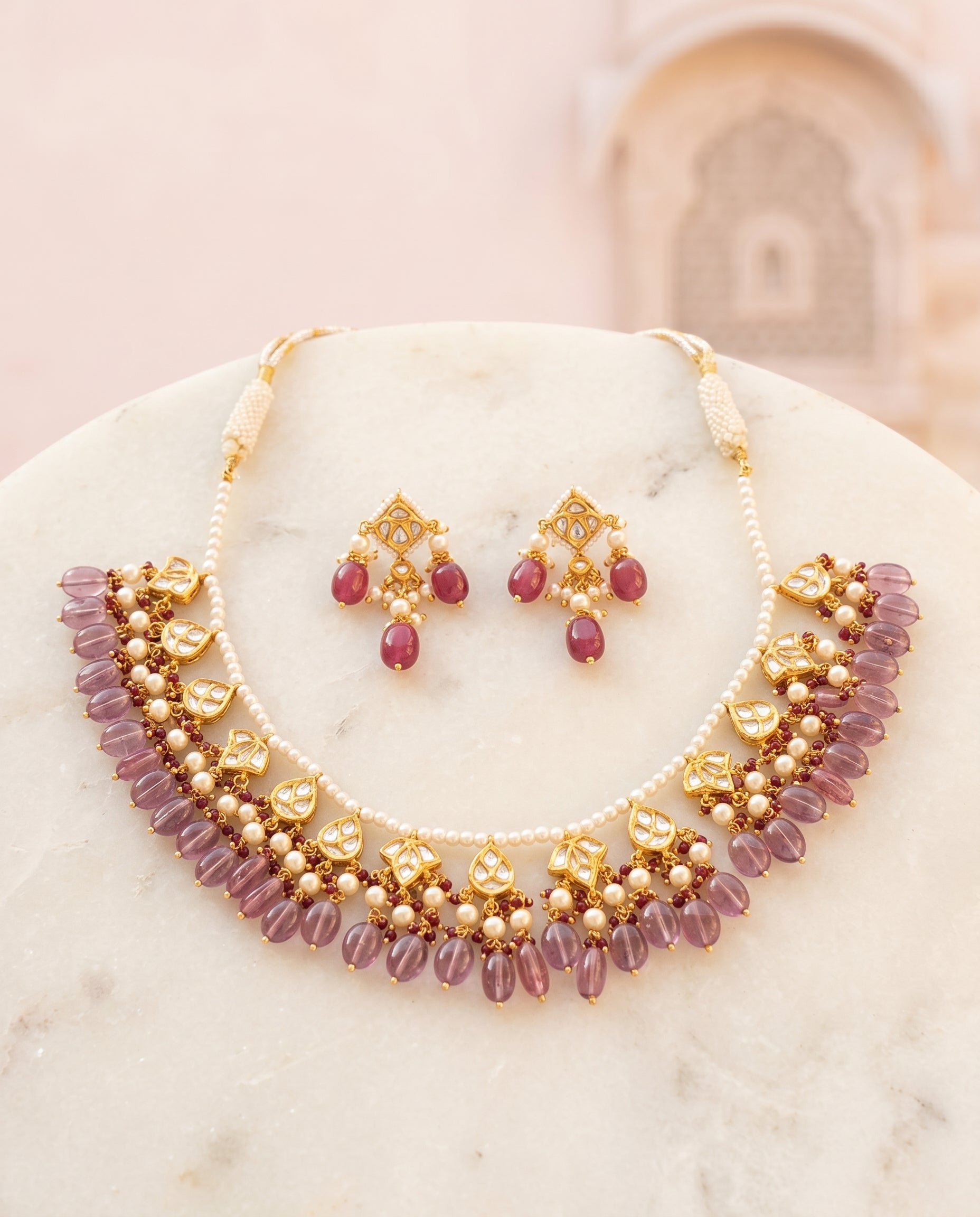 Handcrafted 22kt Gold Pink Chowfully Set with 4 Carat Certified Syndicate Polki and Pink Semi Precious Stones in Floral Cluster Thapa Work