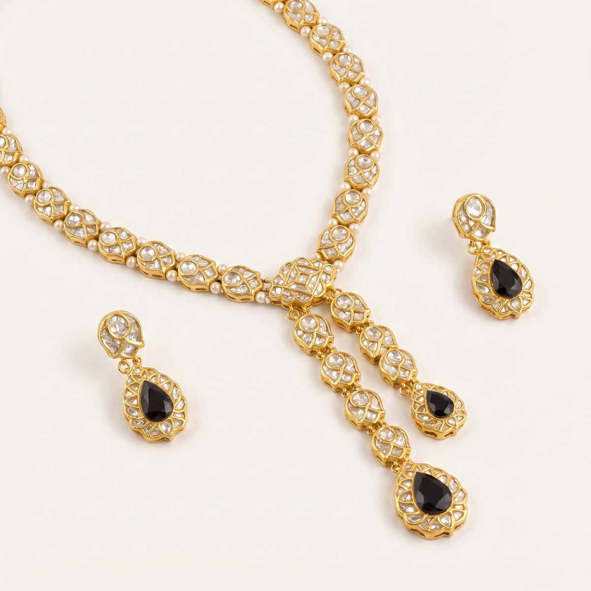 Handcrafted 22kt Gold Y Necklace Set with 20 Carat Certified Syndicate Polki in Elongating Y-Drop Thapa Work