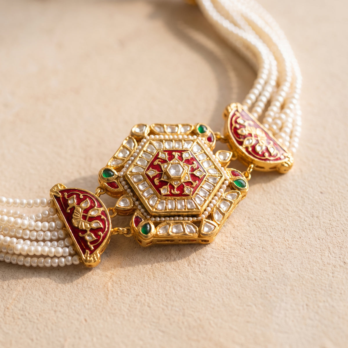 Handcrafted 22kt Gold Red Meenakari Choker Set with 5 Carat Certified Syndicate Polki and Red Meenakari Enamel Work in Thapa Work