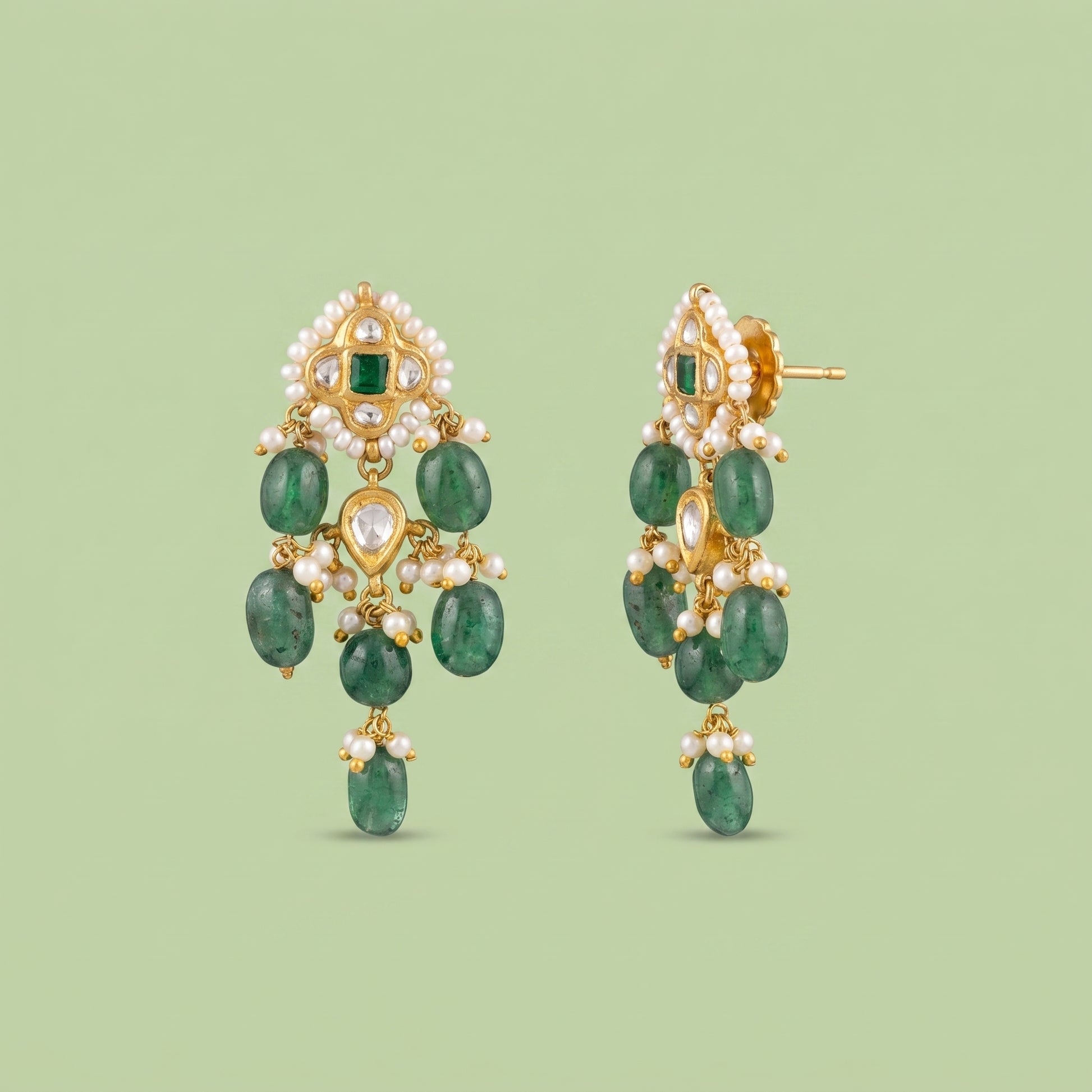 Handcrafted 22kt Gold Green Chowfully Earrings with Certified Syndicate Polki and Green Semi Precious Stones in Cluster Thapa Work