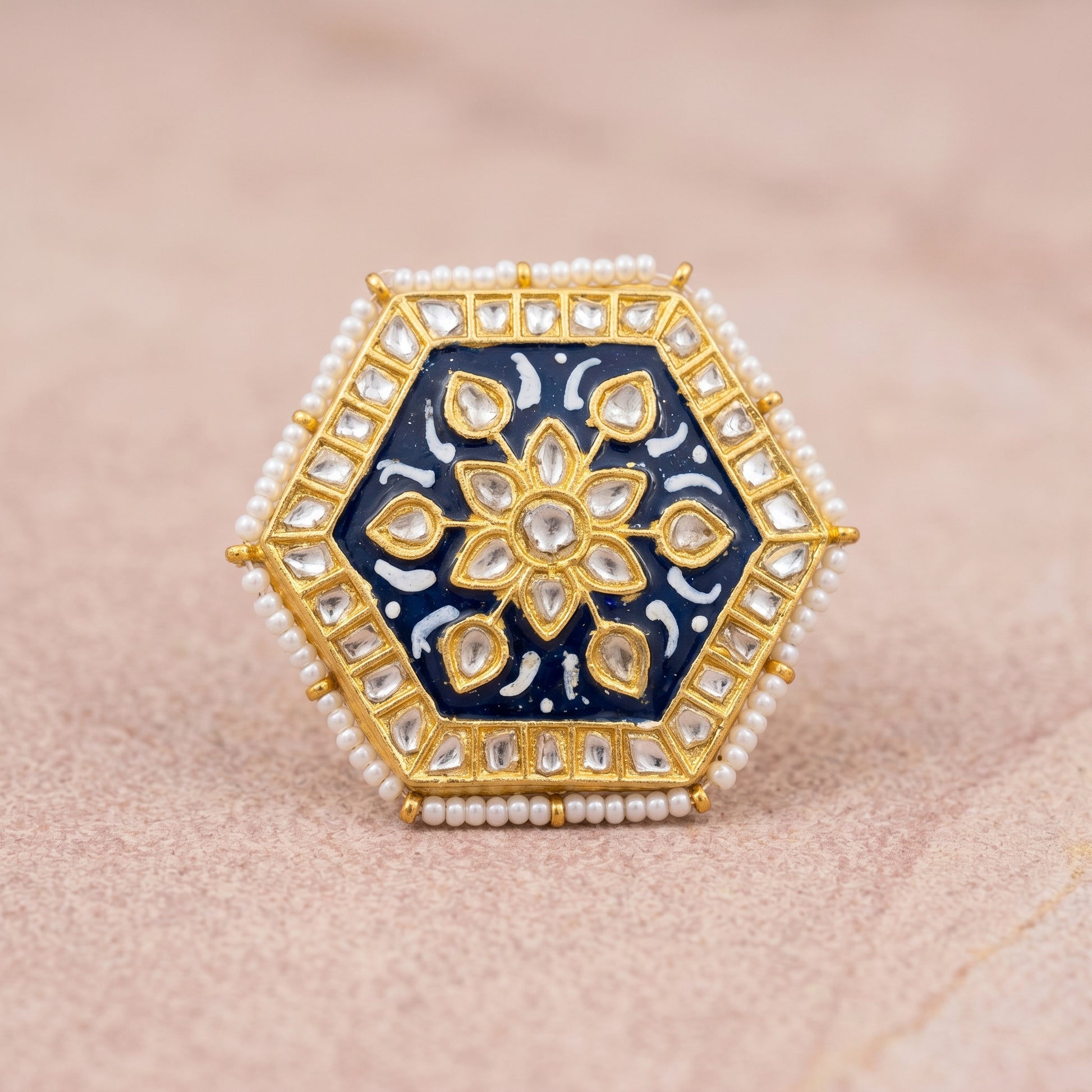 Handcrafted 22kt Gold Blue Hexagon Ring with Blue Meenakari Enamel Work and Certified Syndicate Polki in Thapa Work