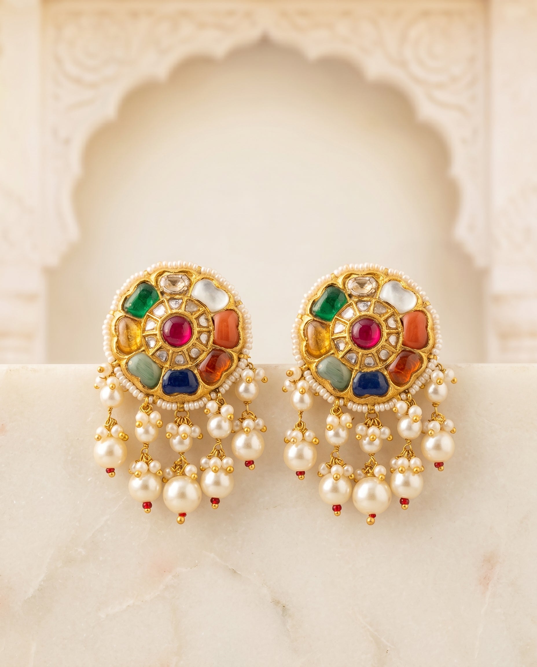 Handcrafted 22kt Gold Big Navratan Studs with 4 Carat Certified Syndicate Polki and Multi-Colour Semi Precious Stones in Thapa Work