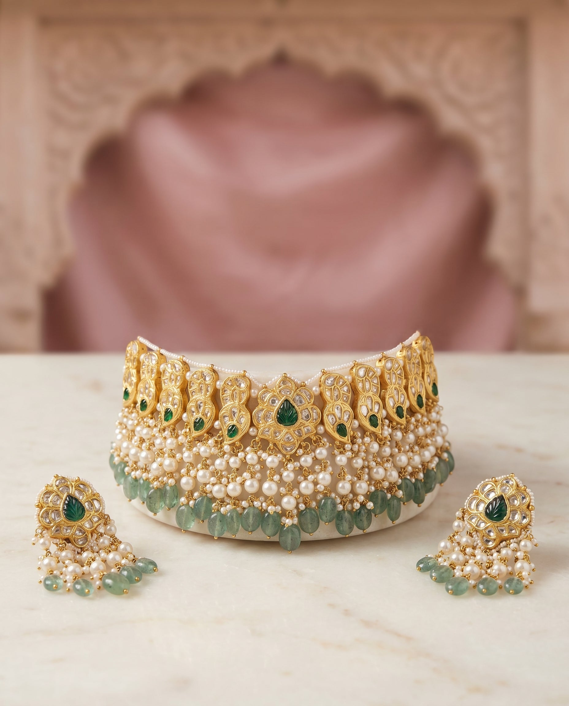 Jharoka Green drops choker set | Vama Gears