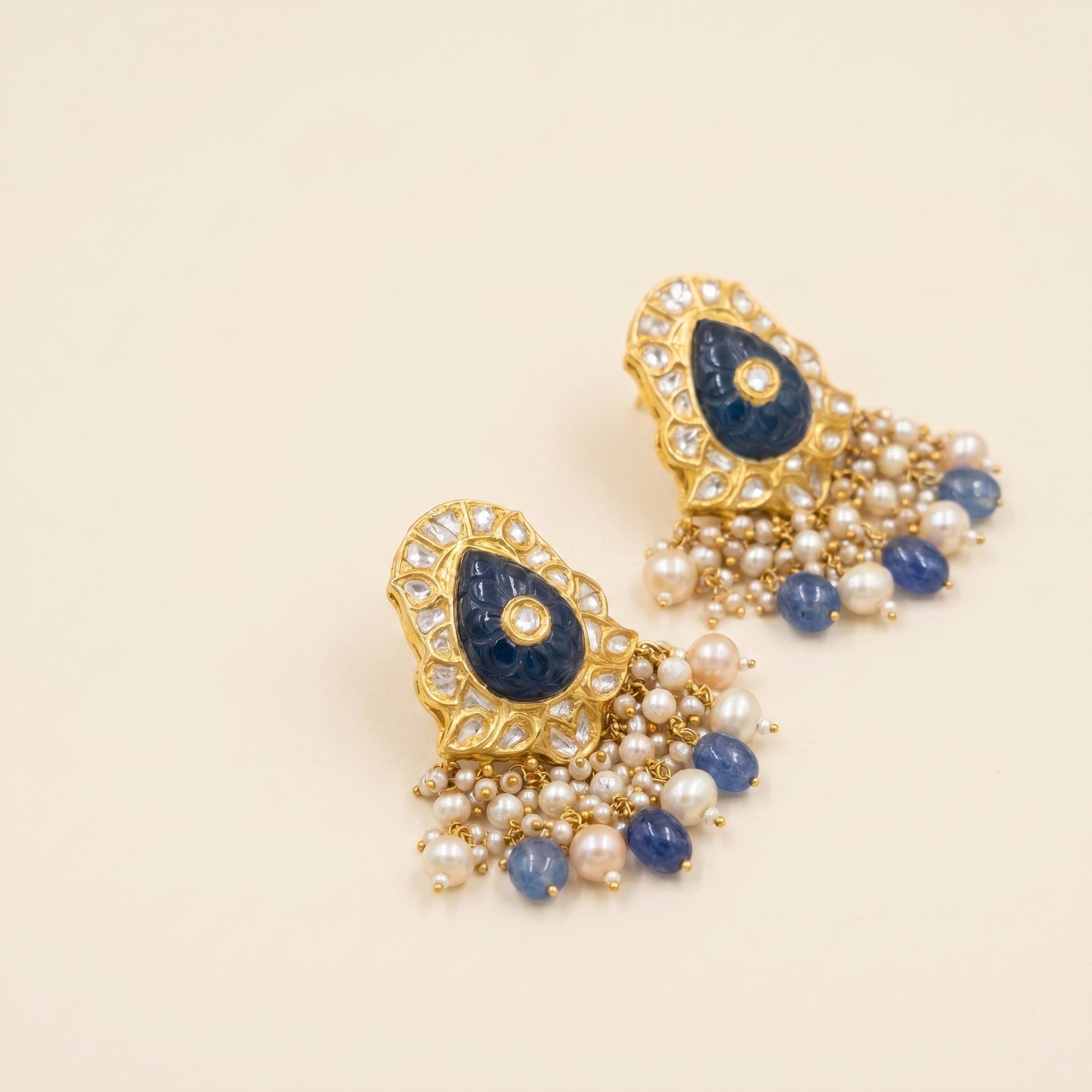 Jharoka Polki blue stone earrings | Vama Gears