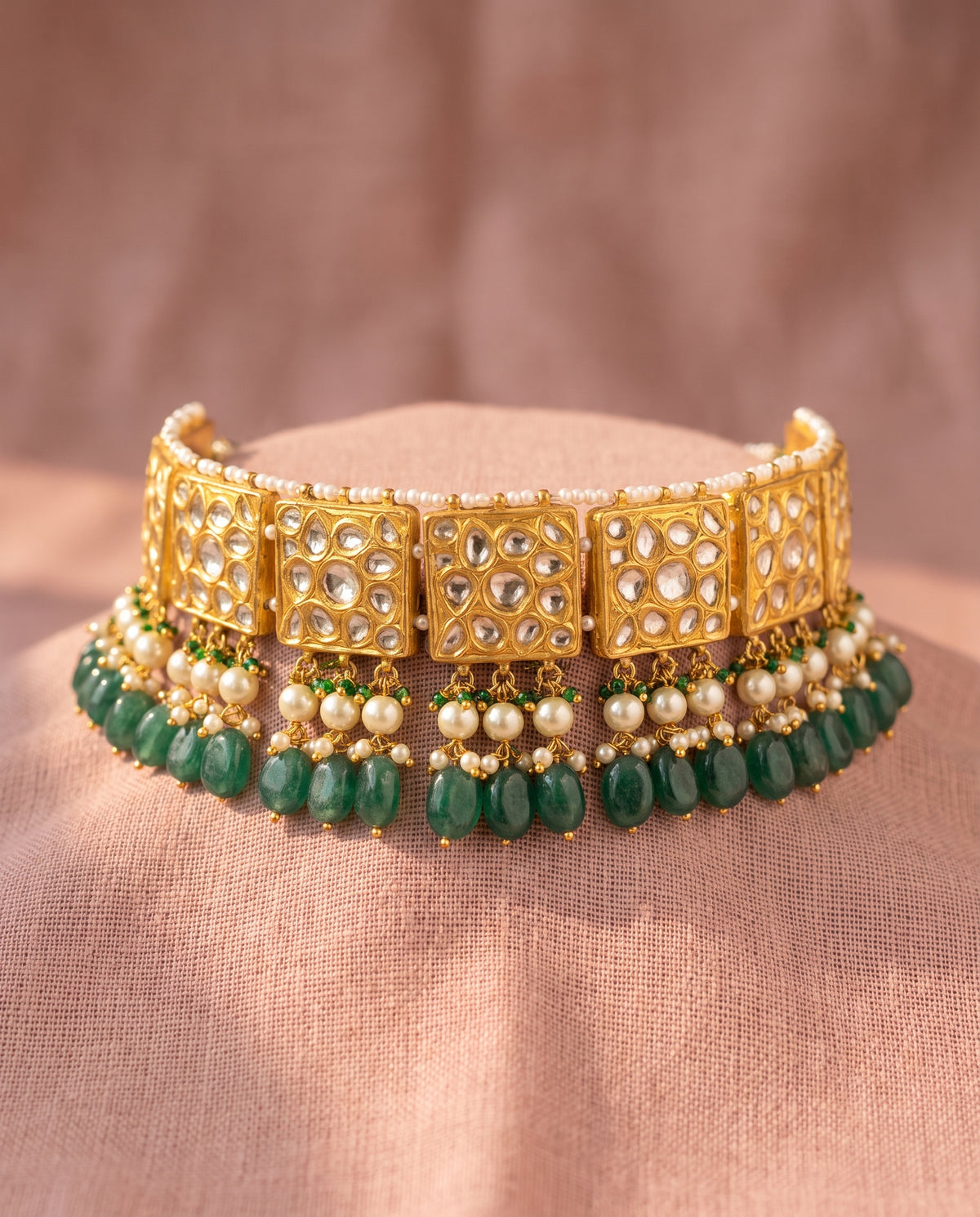 Handcrafted 22kt Gold Rectangle Choker Set with 8 Carat Certified Syndicate Polki in Rectangular Motif Thapa Work