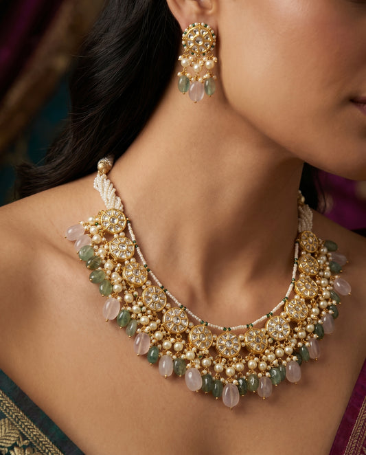 Jharoka Round motive green pink necklace | Vama Gears