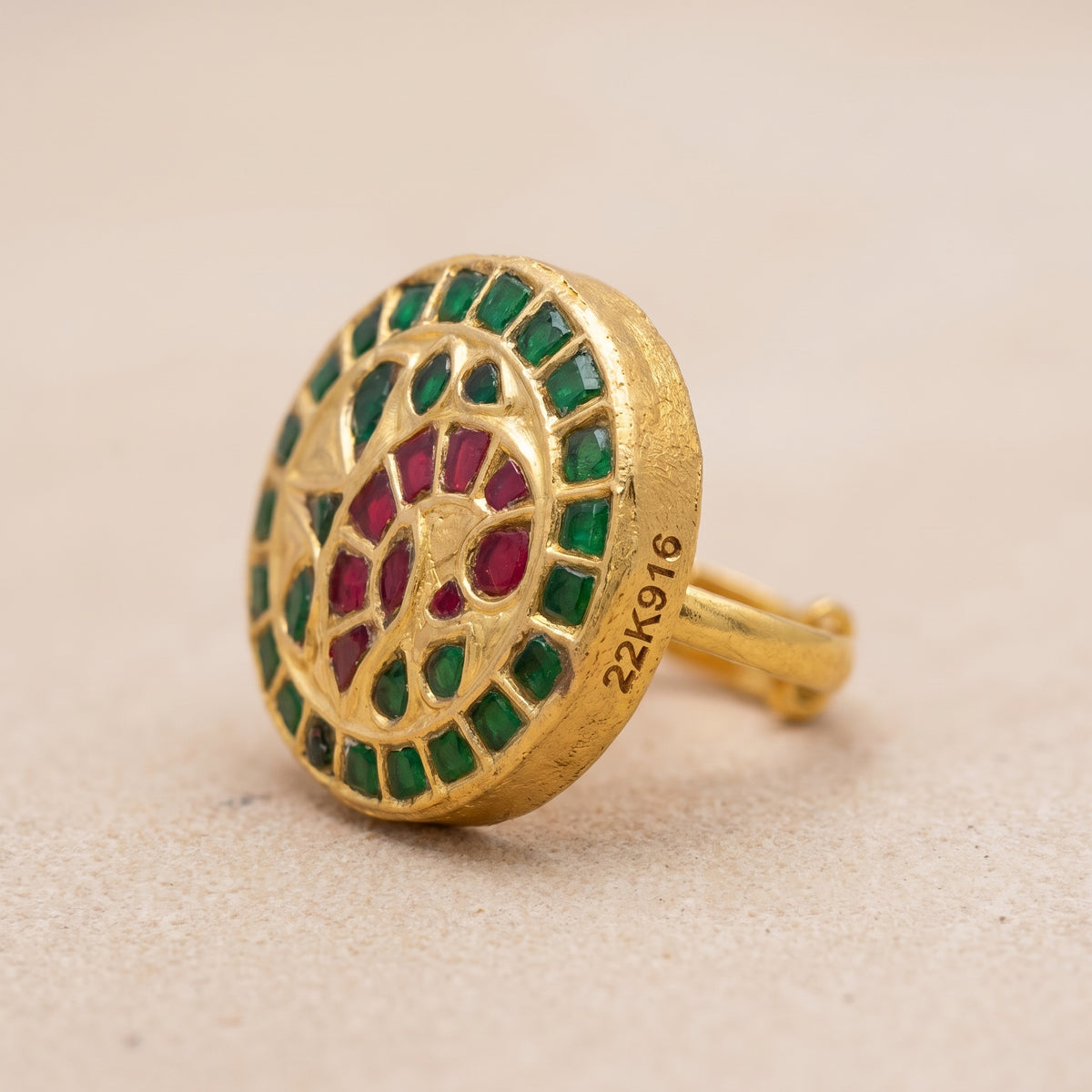 Handcrafted 22kt Gold Peacock Adjustable Ring with Certified Syndicate Polki in Peacock Motif Thapa Work