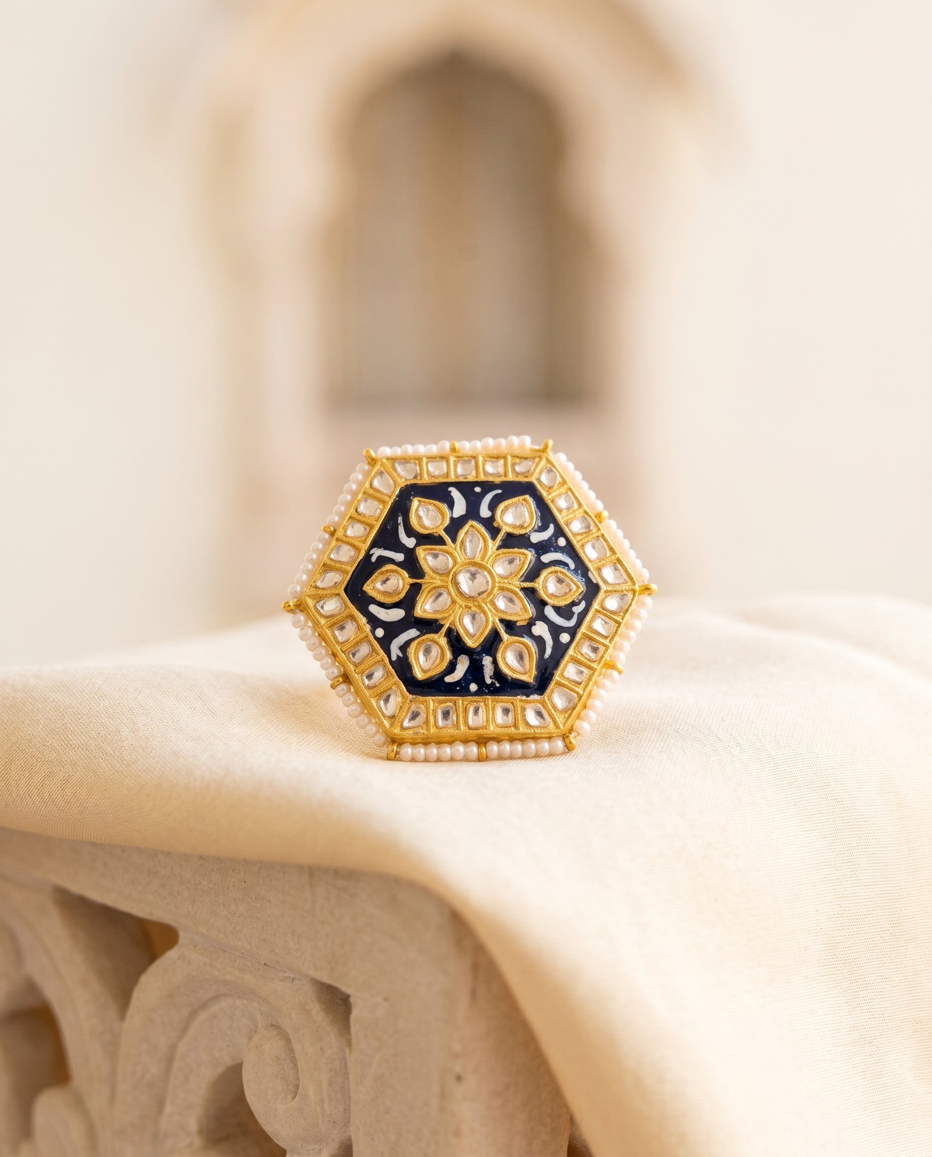 Handcrafted 22kt Gold Blue Hexagon Ring with Blue Meenakari Enamel Work and Certified Syndicate Polki in Thapa Work