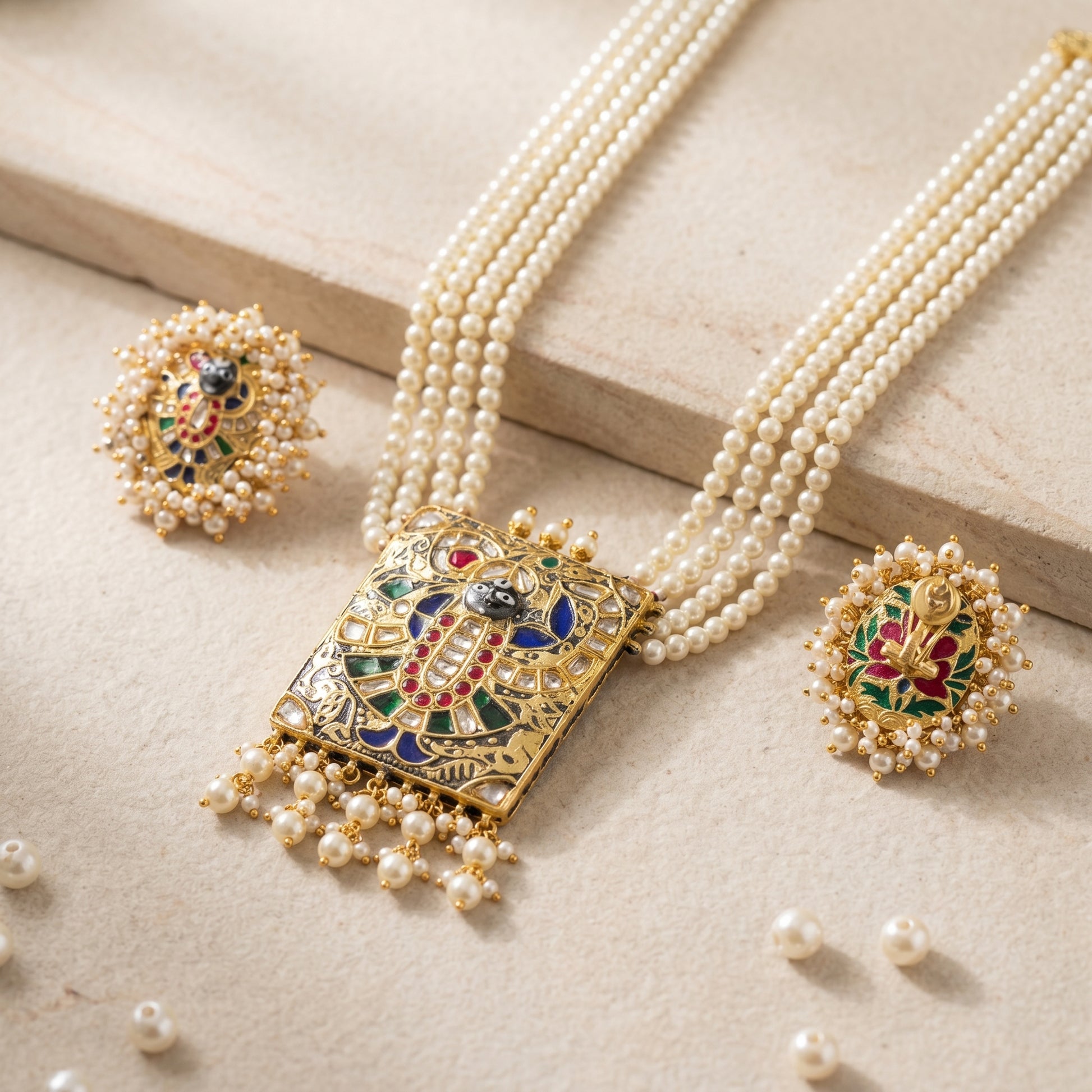 Handcrafted 22kt Gold Shreenathji Pearl Pendant Set with 4 Carat Certified Syndicate Polki and Pearls in Devotional Thapa Work
