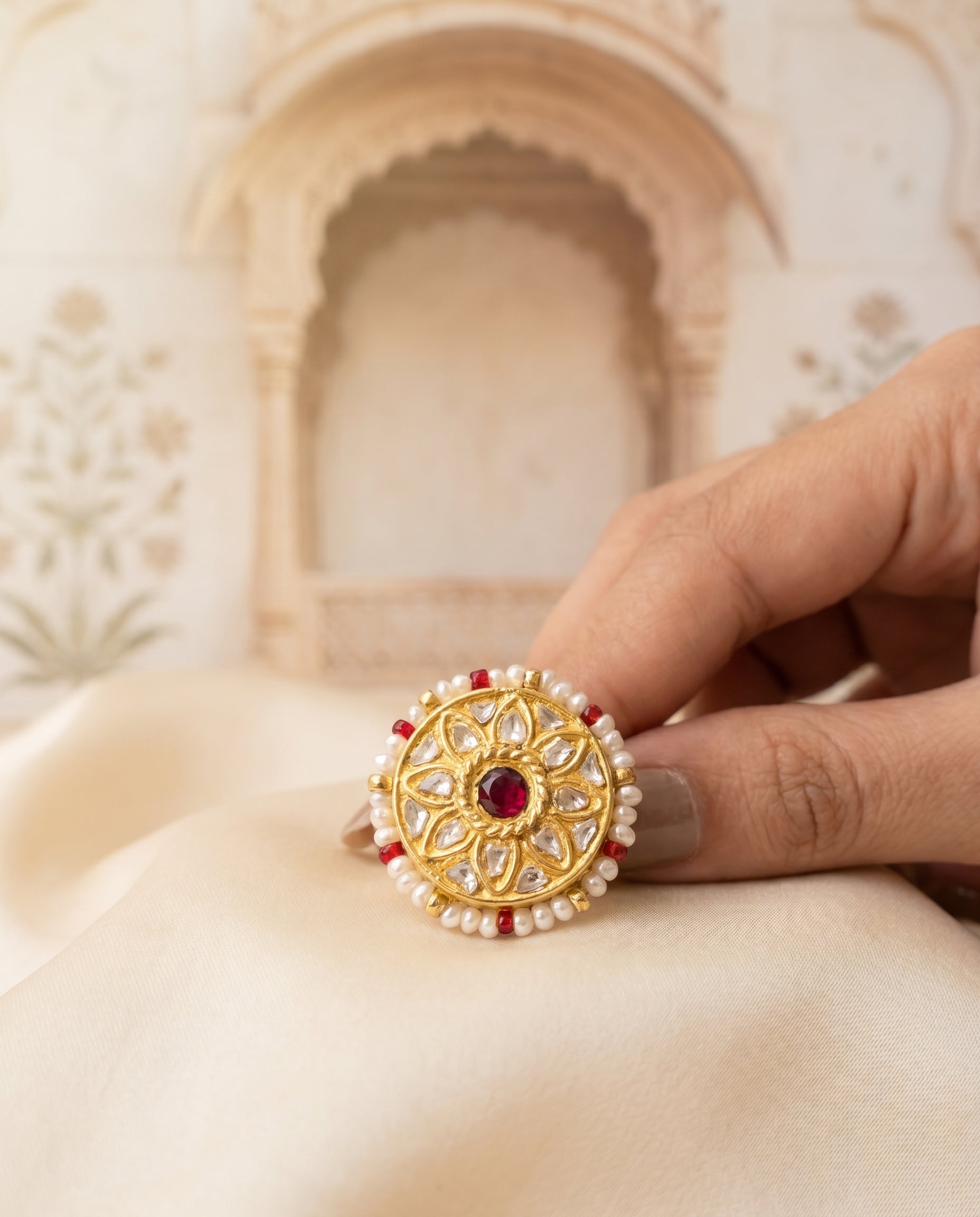 Jharoka Round red stone ring | Vama Gears