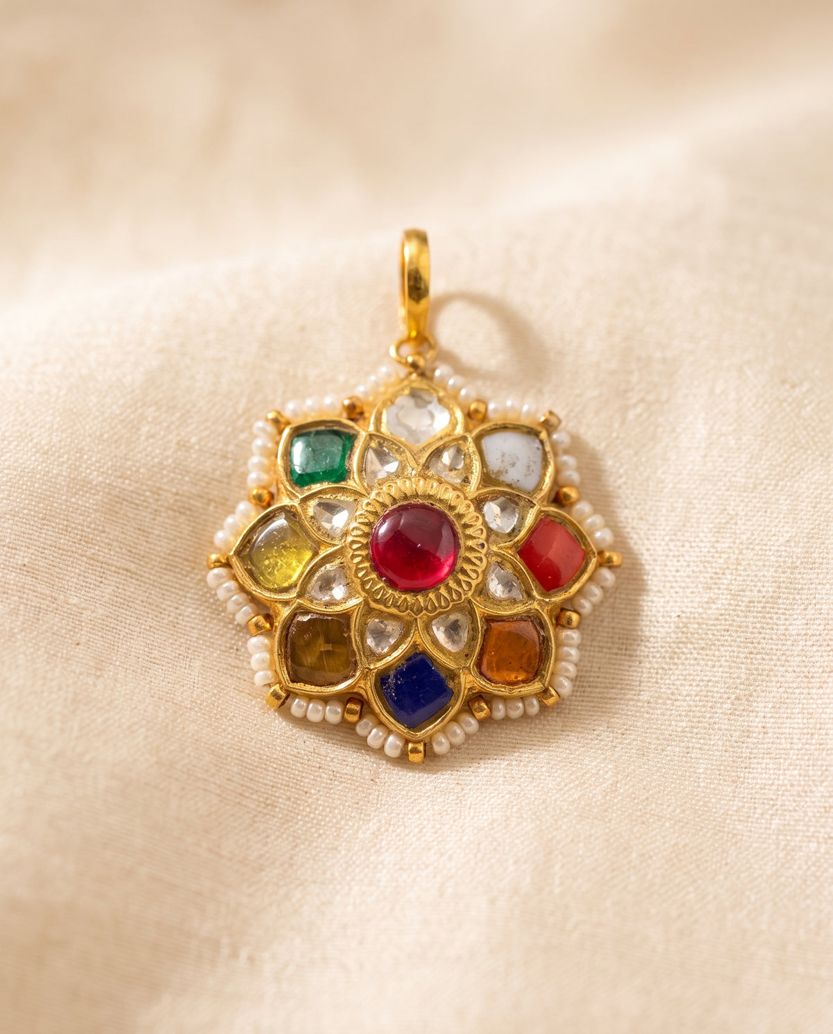 Handcrafted 22kt Gold Navratan Pendant with Certified Syndicate Polki and Multi-Colour Semi Precious Stones in Thapa Work