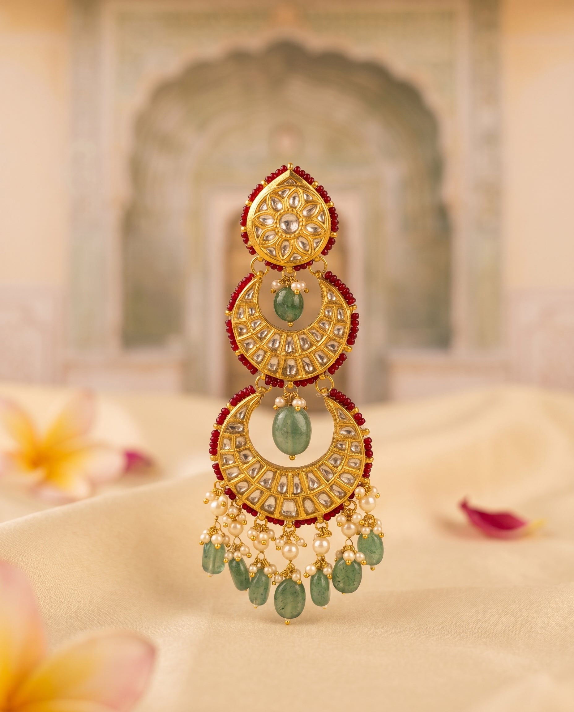Handcrafted 22kt Gold Tiered Chandbali Earrings with 4 Carat Certified Syndicate Polki in Cascading Crescent Thapa Work