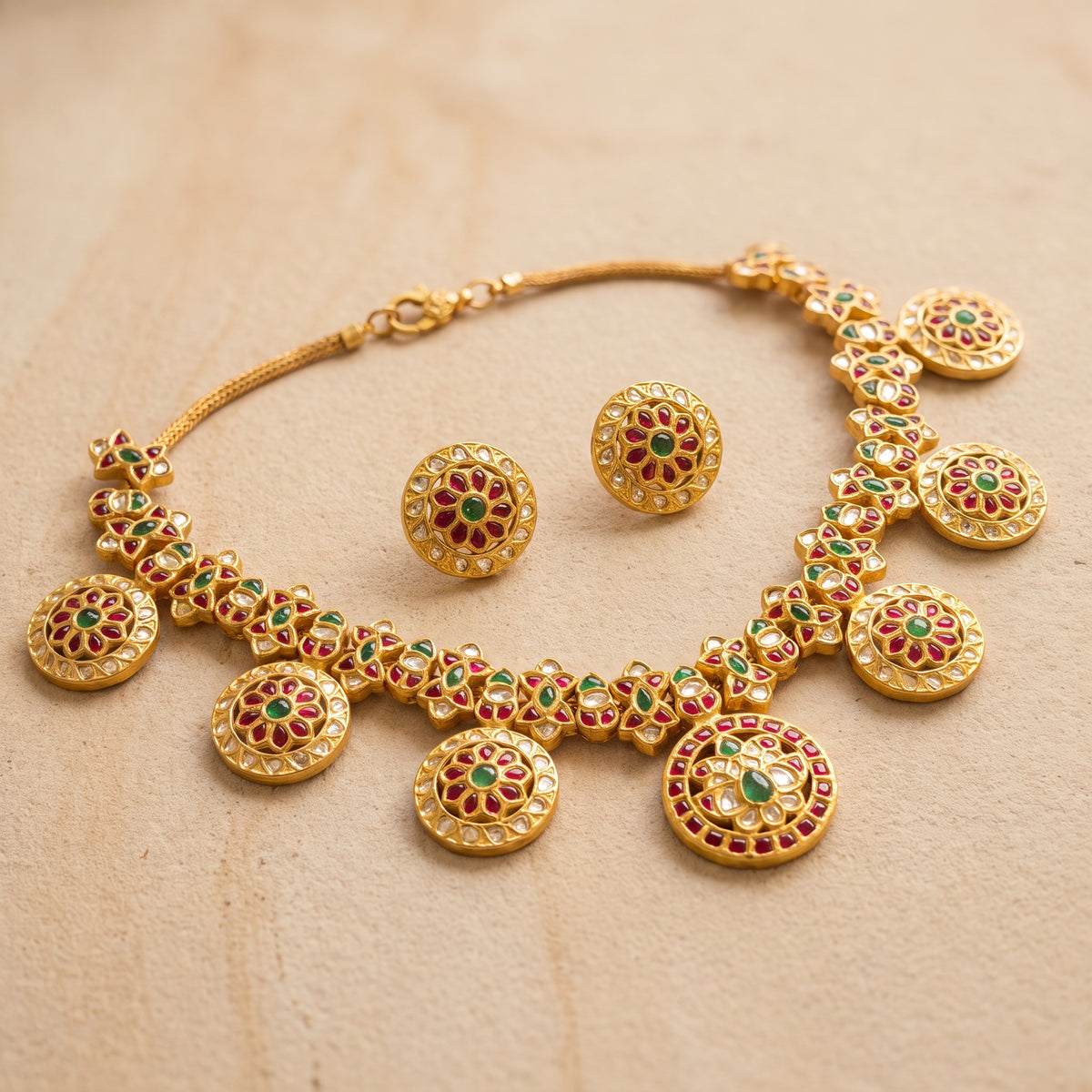 Handcrafted 22kt Gold Short Bottumala Necklace with 12 Carat Certified Syndicate Polki in Thapa Work