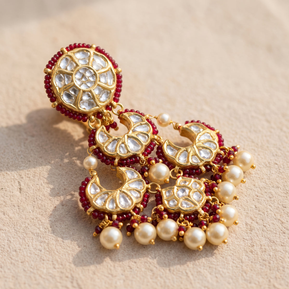 Handcrafted 22kt Gold Riyora Earrings with 6 Carat Certified Syndicate Polki in Thapa Work