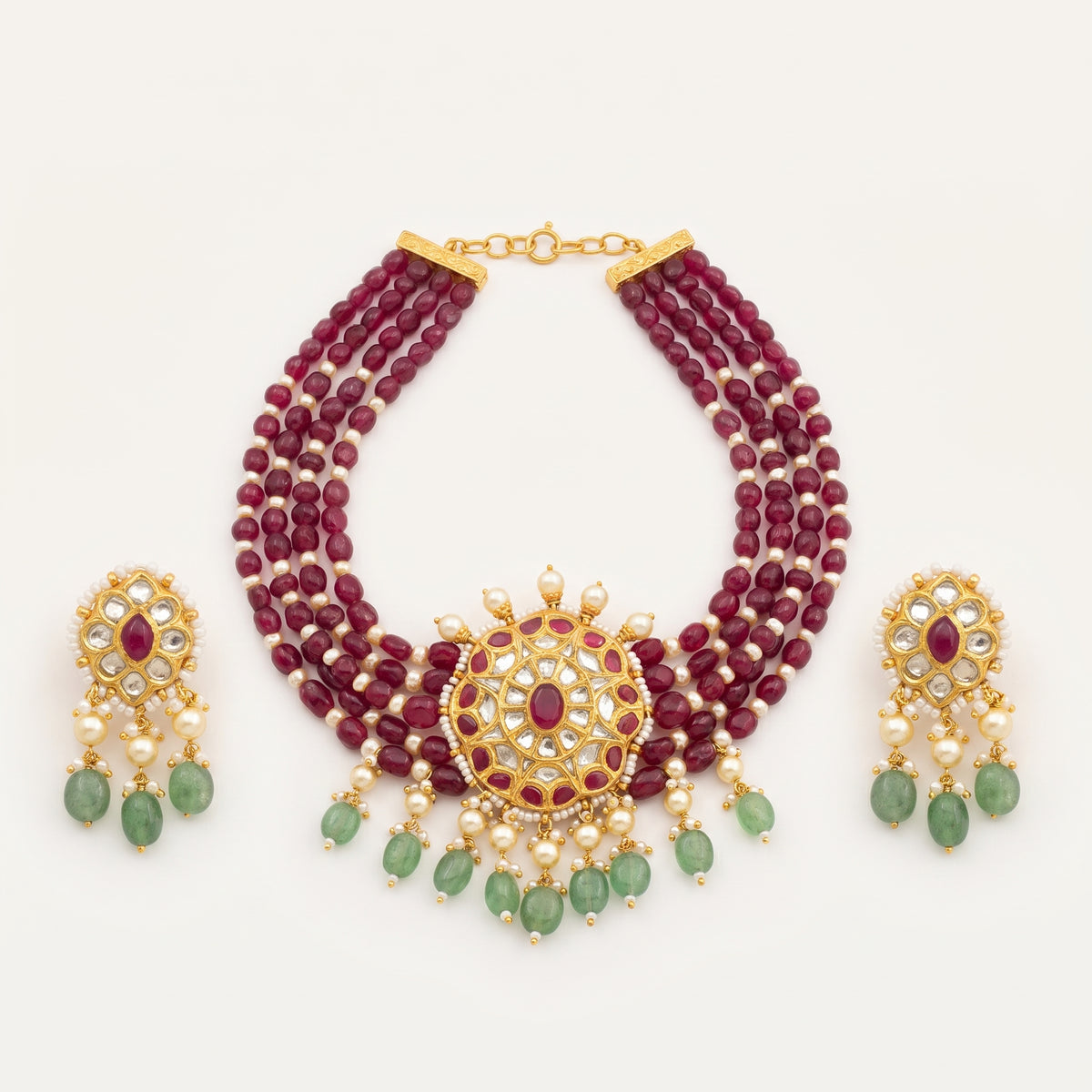 Handcrafted 22kt Gold Raj Meera Choker Set with 6 Carat Certified Syndicate Polki in Thapa Work