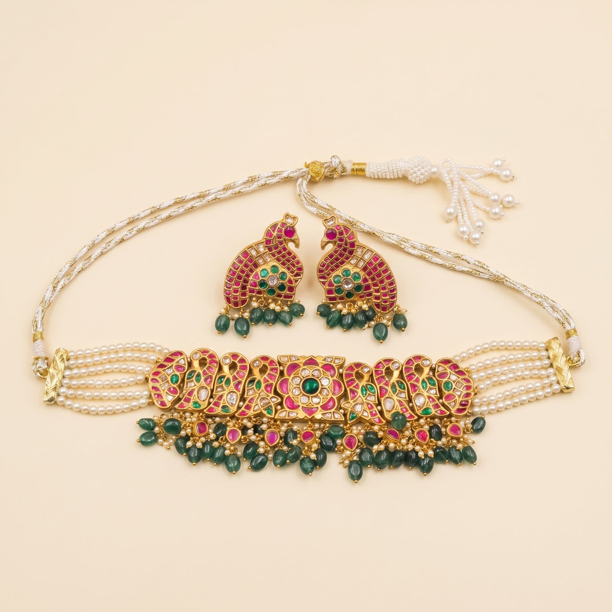 Handcrafted 22kt Gold Peacock Pink Choker Set with Matching Earrings 6 Carat Certified Syndicate Polki and Pink Semi Precious Stones in Thapa Work