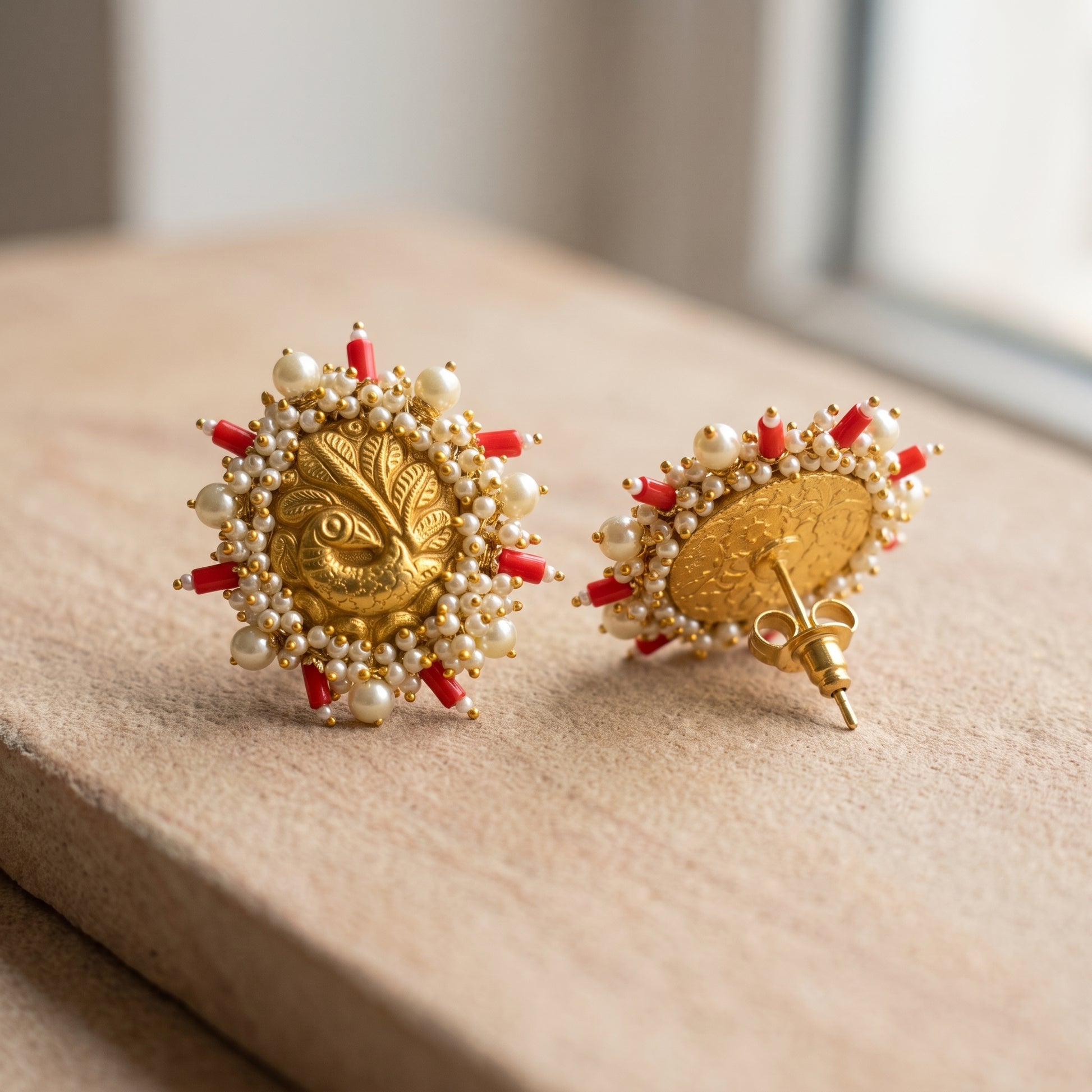 Handcrafted 22kt 916 Hallmarked Gold Peacock Earrings with Coral Stones in Peacock Motif Jhumki Thapa Work