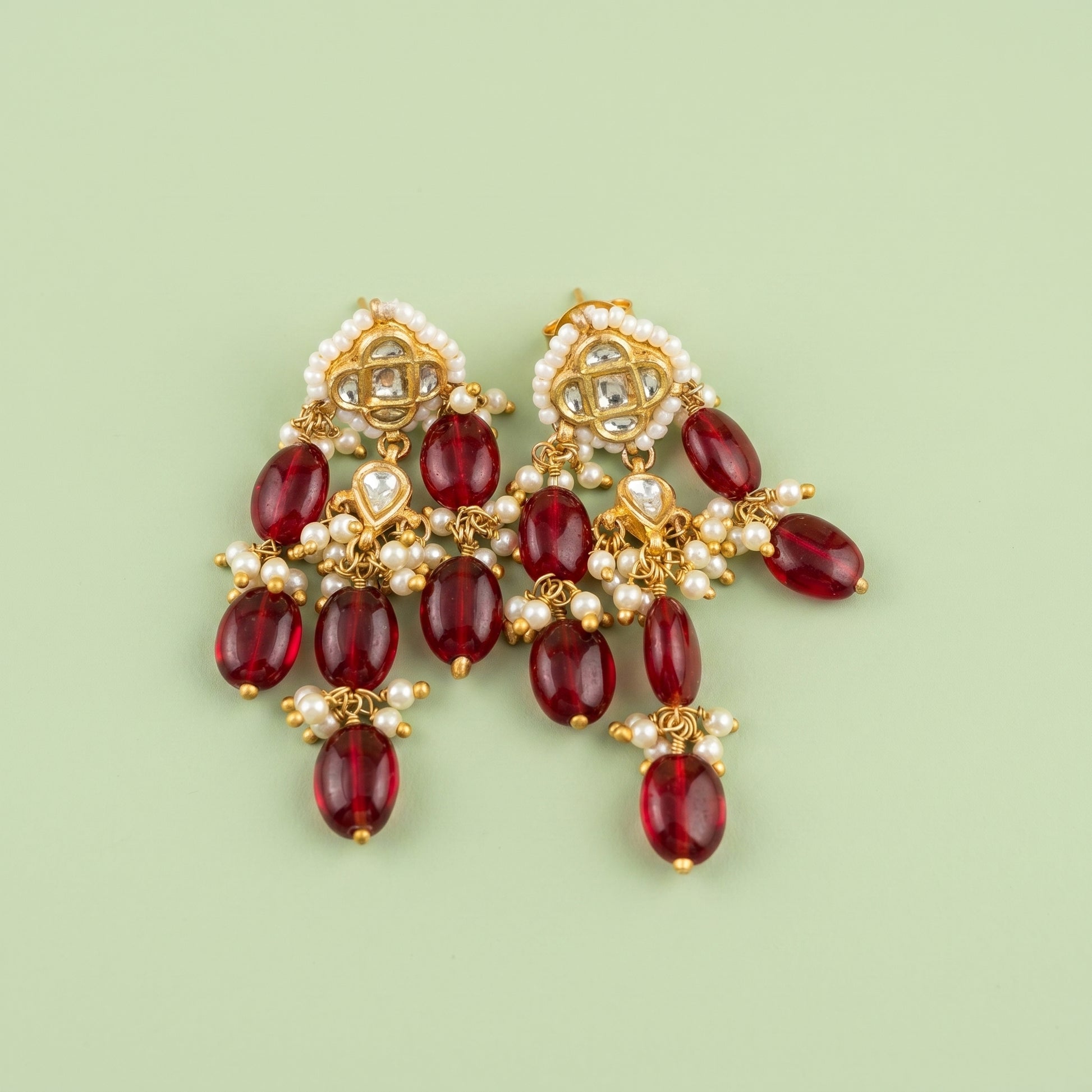 Handcrafted 22kt Gold Red Chowfully Studs with Certified Syndicate Polki and Red Semi Precious Stones in Floral Cluster Thapa Work