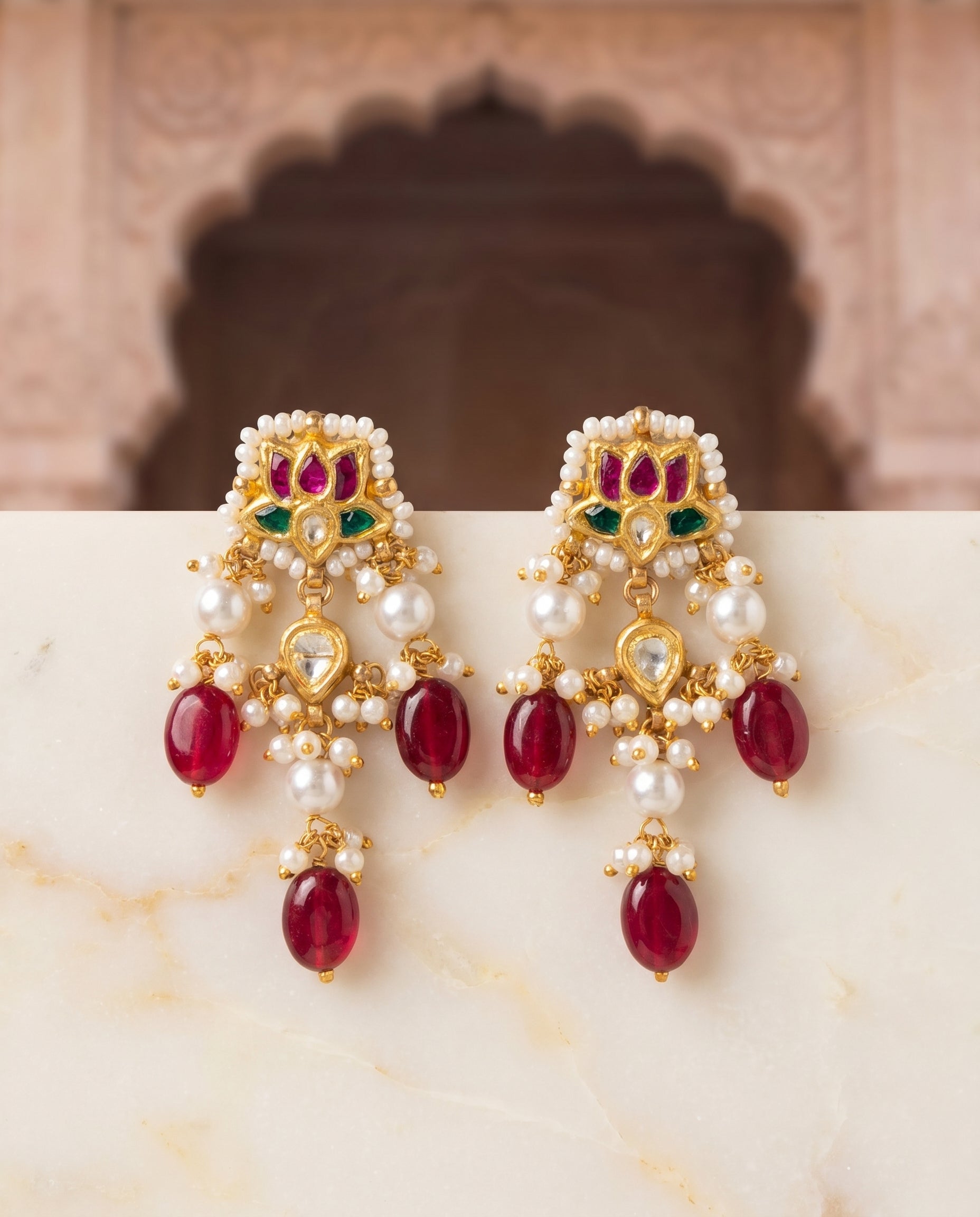 Jharoka Maroon lotus earrings | Vama Gears