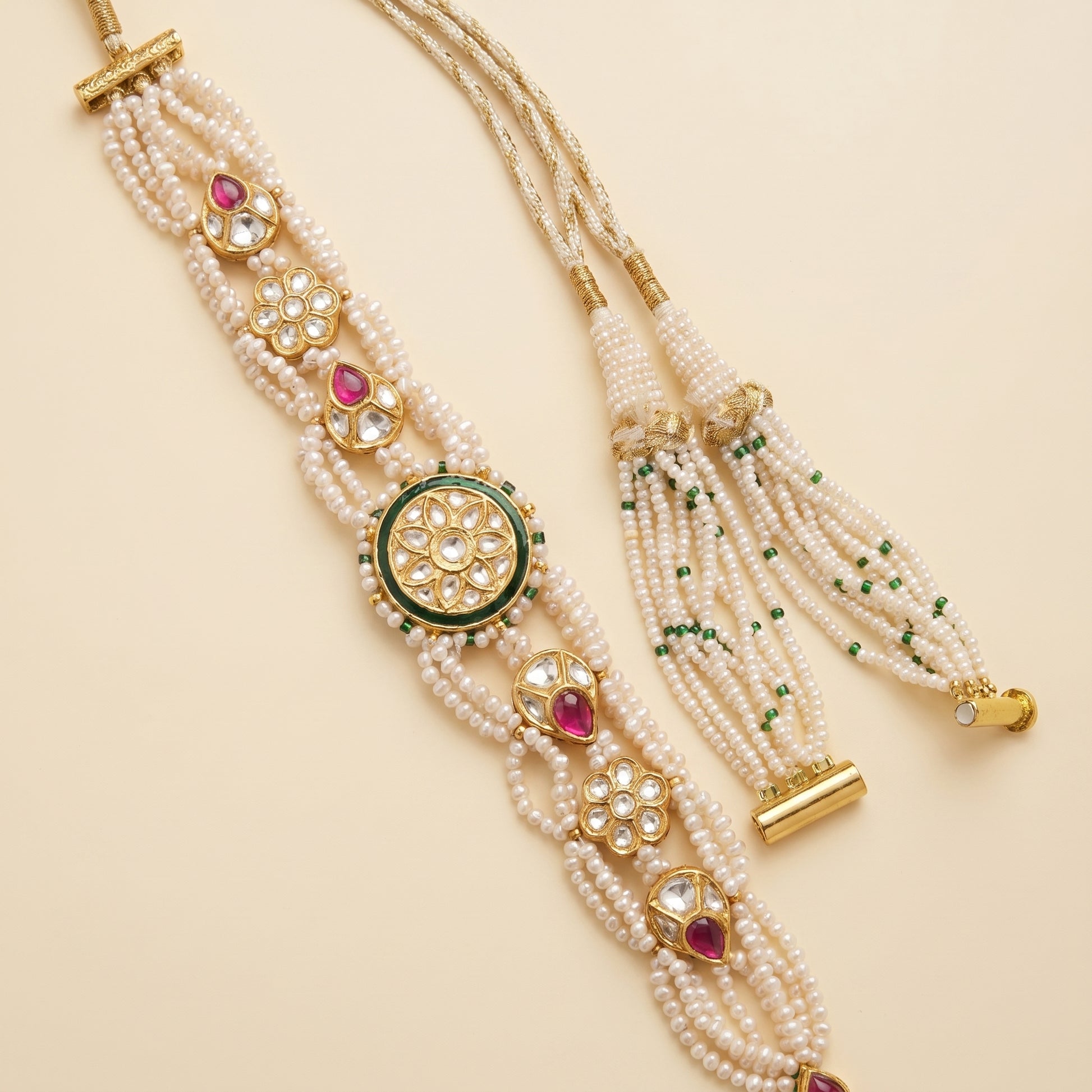 Jharoka Pink green leaf bracelet v2 | Vama Gears