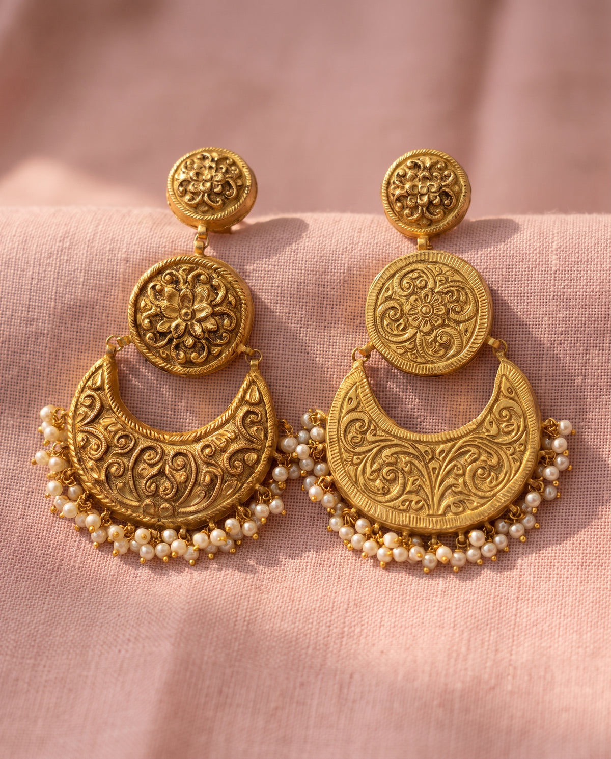 Handcrafted 22kt 916 Hallmarked Gold Chandbali Jhumkas in All Gold Crescent Jhumki Lightweight Gold Sheet Work