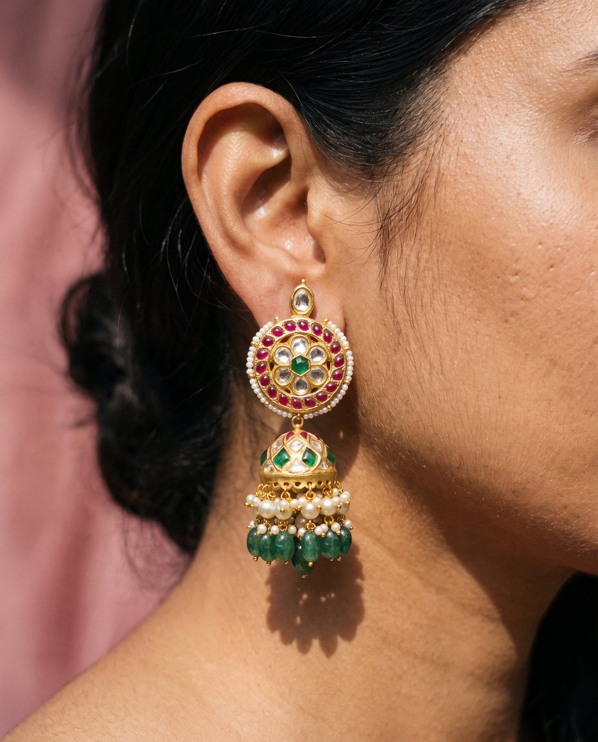 Handcrafted 22kt Gold Bottumala Jhumka with 3 Carat Certified Syndicate Polki in Traditional Jhumki Thapa Work