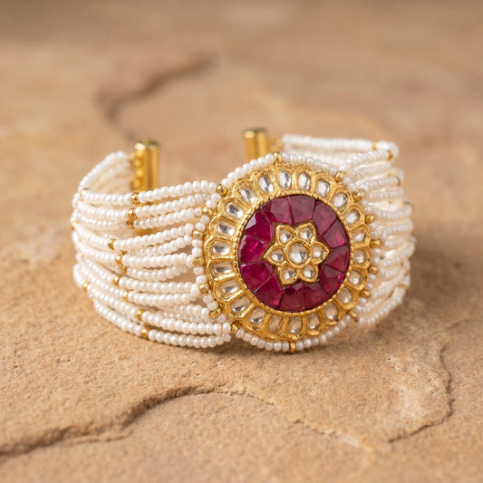 Jharoka Flower stone pink bracelet | Vama Gears