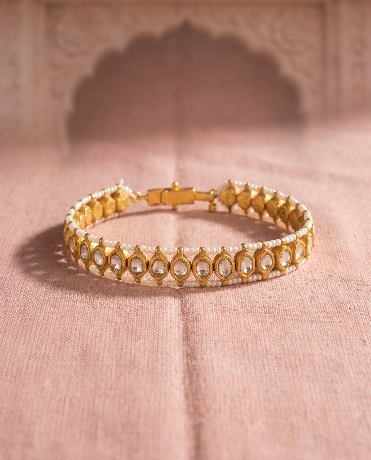 Handcrafted 22kt Gold Single Line Kilvas Bracelet with 3.5 Carat Certified Syndicate Polki in Thapa Work