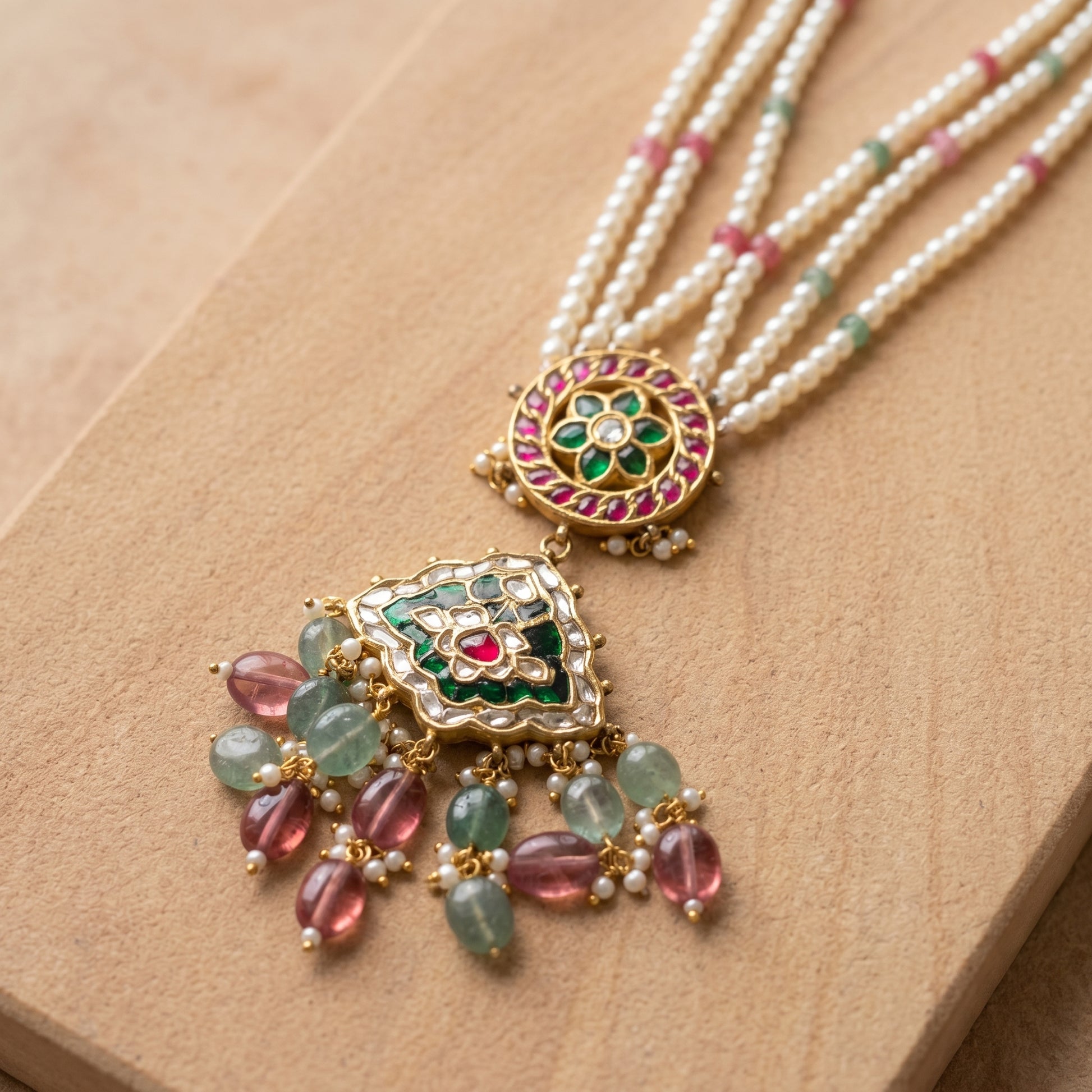 Handcrafted 22kt Gold Round Pendant Necklace with 2 Carat Certified Syndicate Polki in Round Thapa Work
