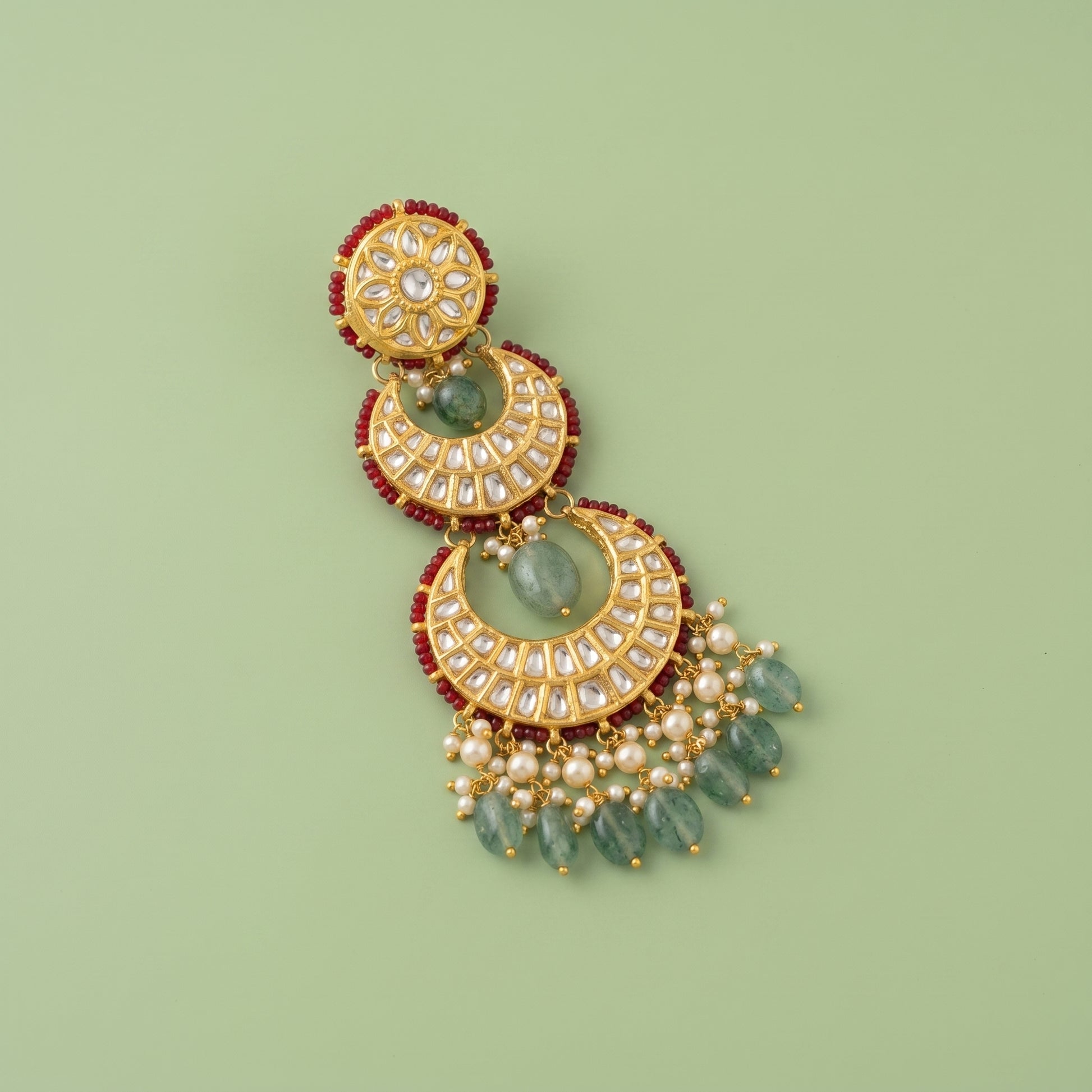 Handcrafted 22kt Gold Tiered Chandbali Earrings with 4 Carat Certified Syndicate Polki in Cascading Crescent Thapa Work