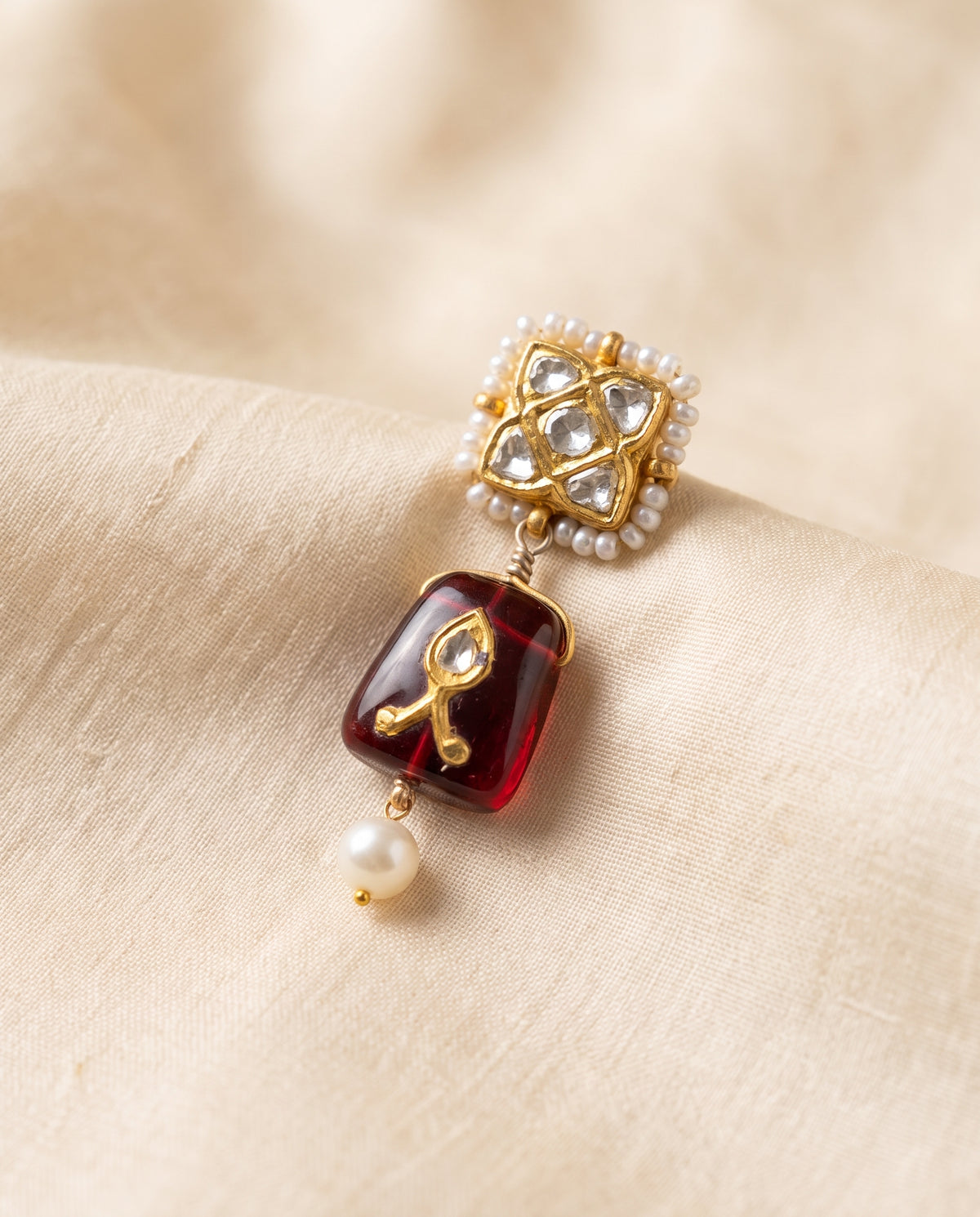 Handcrafted 22kt Gold Chowfully Stone Drop Earrings with Certified Syndicate Polki and Semi Precious Stones in Floral Cluster Thapa Work