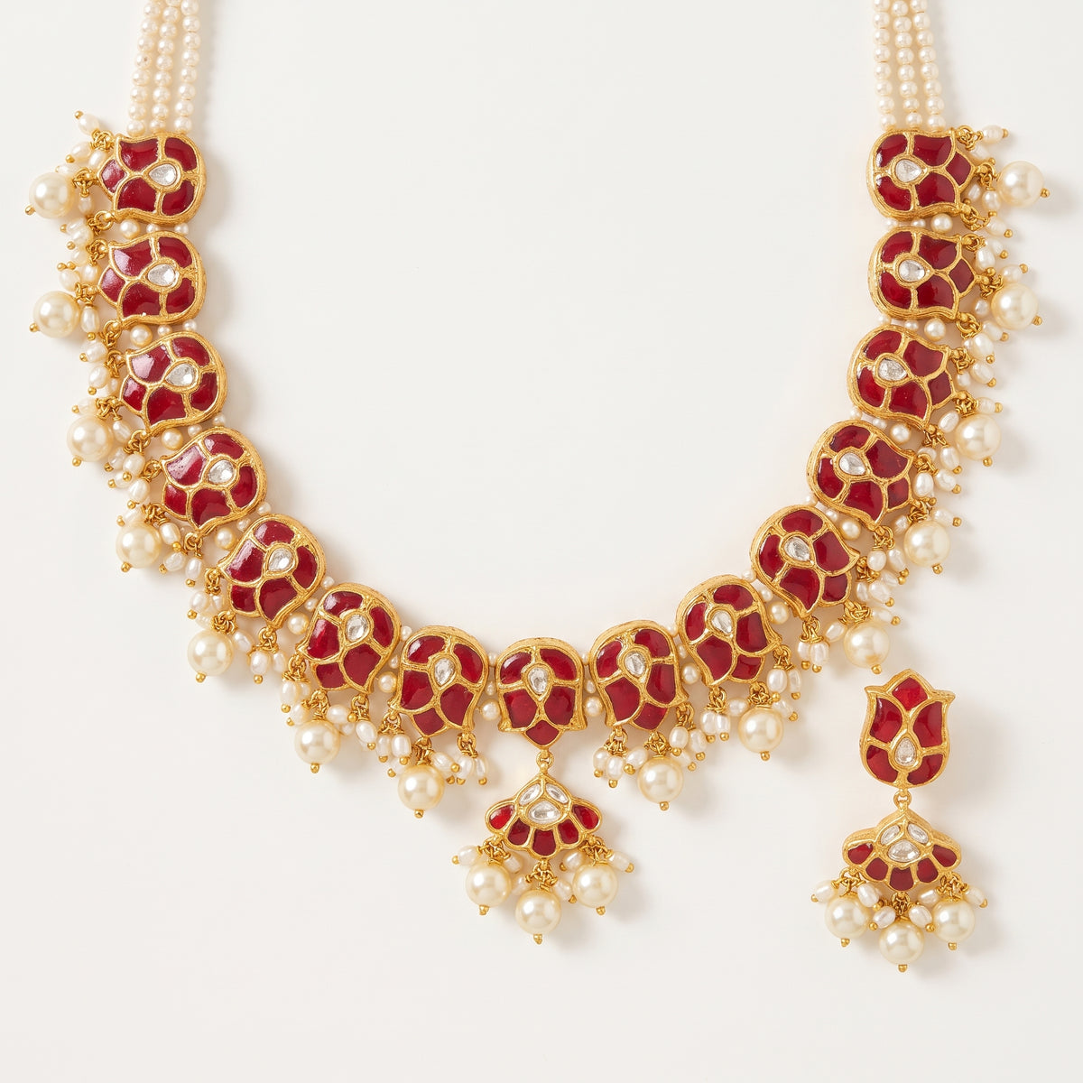 Handcrafted 22kt Gold Ruby Red U Necklace Set with 6 Carat Certified Syndicate Polki and Ruby Red Semi Precious Stones in Thapa Work