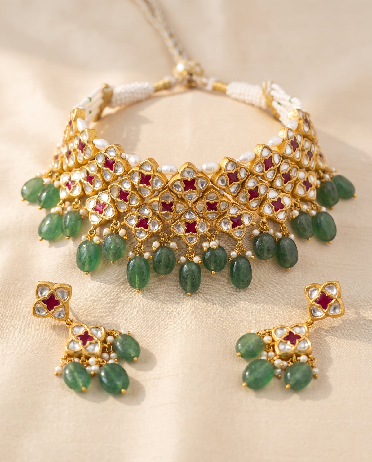 Handcrafted 22kt Gold Star Ruby Choker Set with 18 Carat Certified Syndicate Polki and Ruby Red Semi Precious Stones in Star Motif Thapa Work