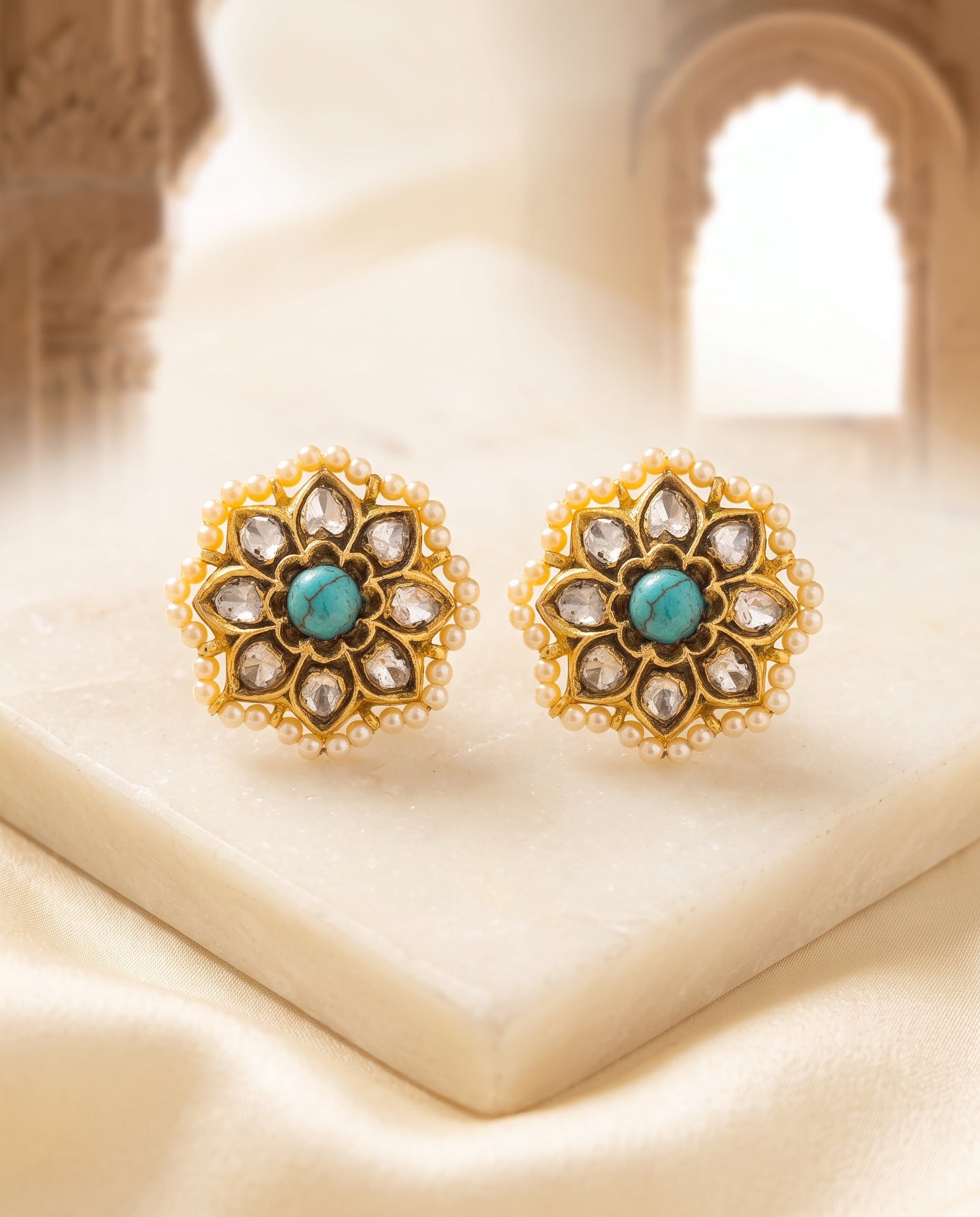 Handcrafted 22kt Gold Star Feroza Studs with 3 Carat Certified Syndicate Polki and Turquoise Feroza Stones in Thapa Work