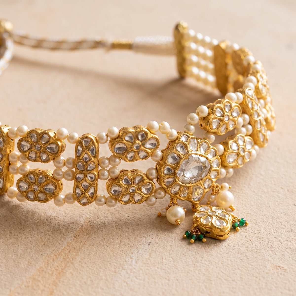 Handcrafted 22kt Gold Hiranya Choker Set with 9 Carat Certified Syndicate Polki in Thapa Work