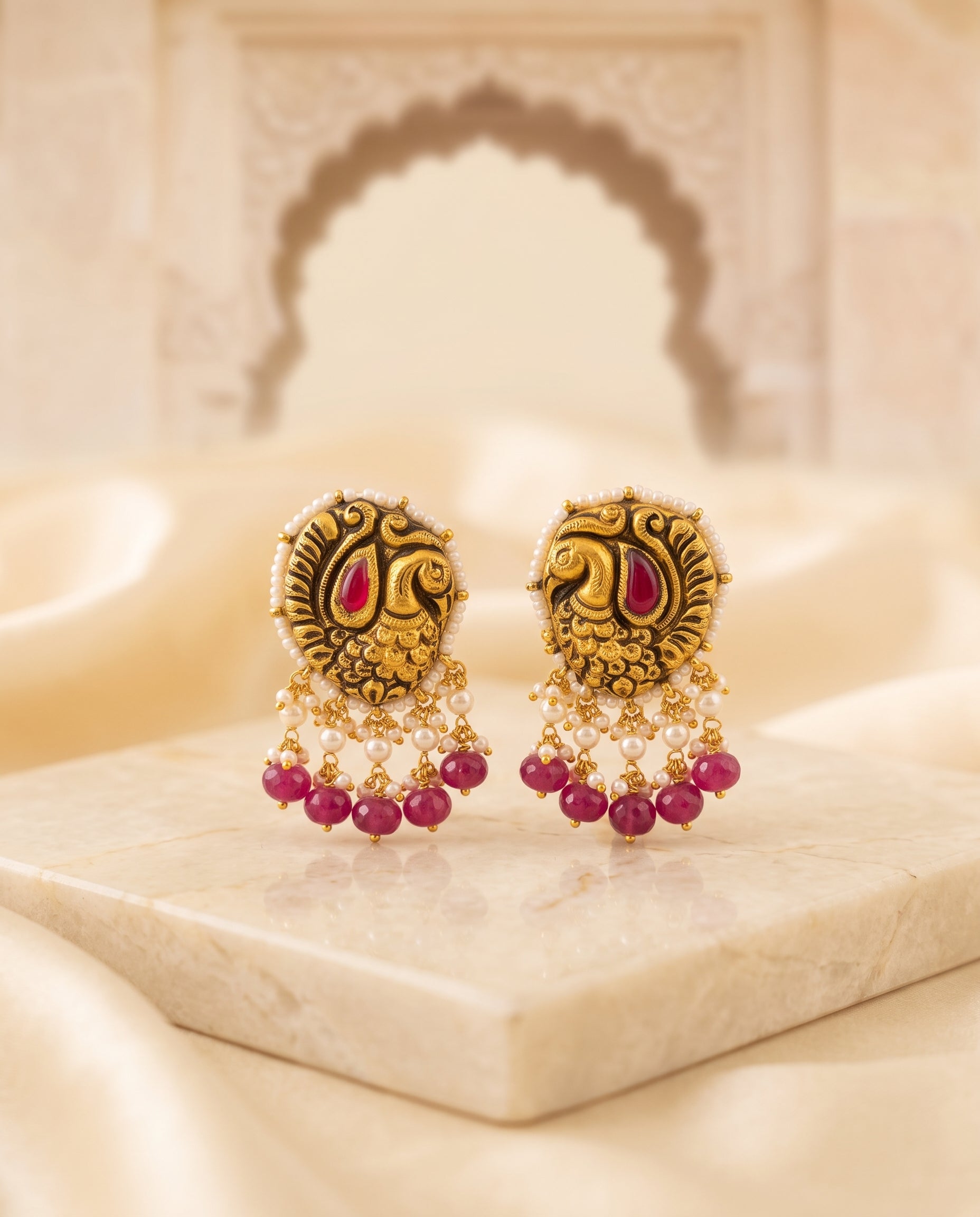 Handcrafted 22kt Gold Peacock Temple Earrings with Certified Syndicate Polki in Peacock and Temple Motif Jhumki Thapa Work