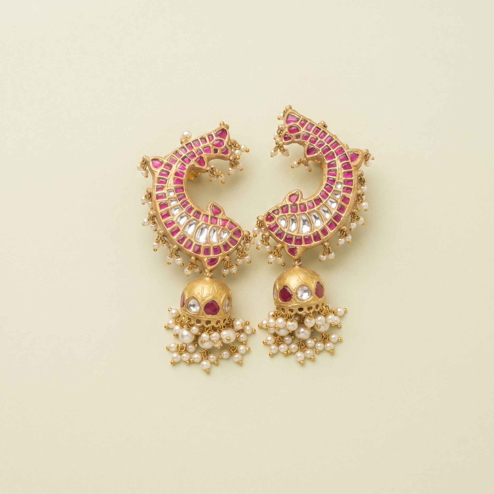 Handcrafted 22kt Gold Fish Ear Cuffs with 3 Carat Certified Syndicate Polki in Auspicious Fish Motif Thapa Work