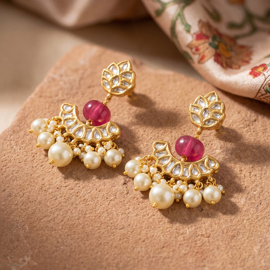 Handcrafted 22kt Gold Lotus Chand Earrings with 2 Carat Certified Syndicate Polki in Lotus and Crescent Thapa Work