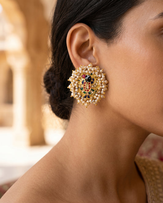 Handcrafted 22kt Gold Shreenathji Pearl Studs with 2 Carat Certified Syndicate Polki and Pearls in Devotional Thapa Work
