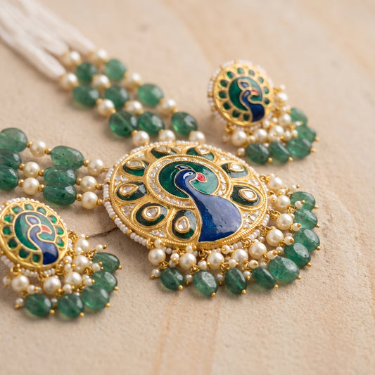 Handcrafted 22kt Gold Peacock Set with 4 Carat Certified Syndicate Polki in Peacock Motif Thapa Work