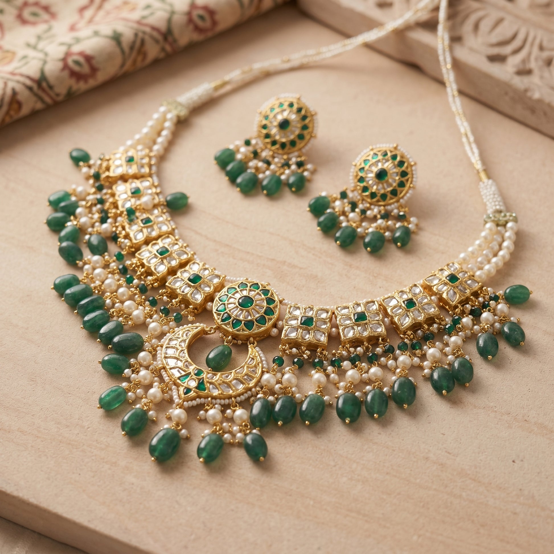 Handcrafted 22kt Gold Green Emerald Set with 5 Carat Certified Syndicate Polki and Emerald Green Semi Precious Stones in Thapa Work