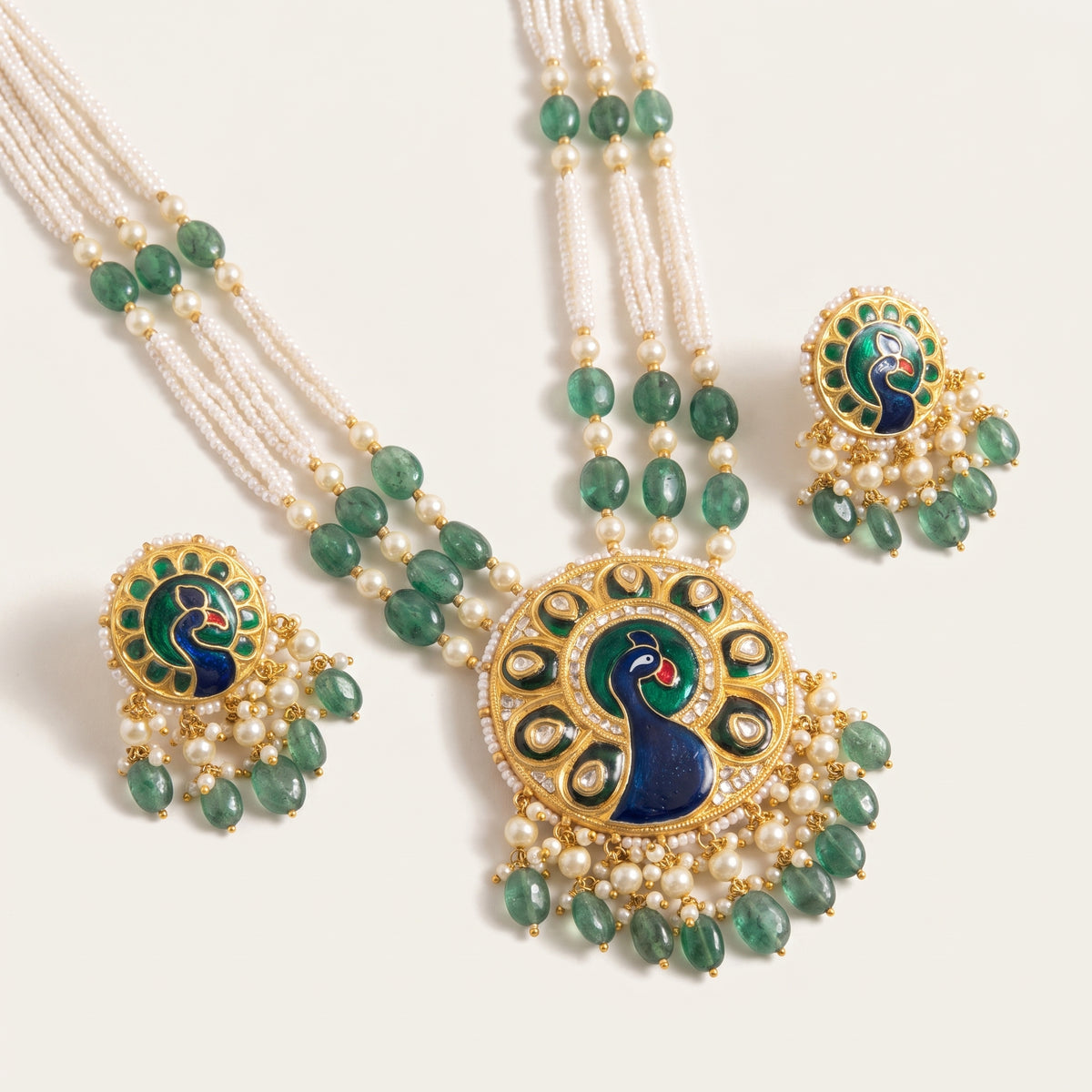 Handcrafted 22kt Gold Peacock Set with 4 Carat Certified Syndicate Polki in Peacock Motif Thapa Work