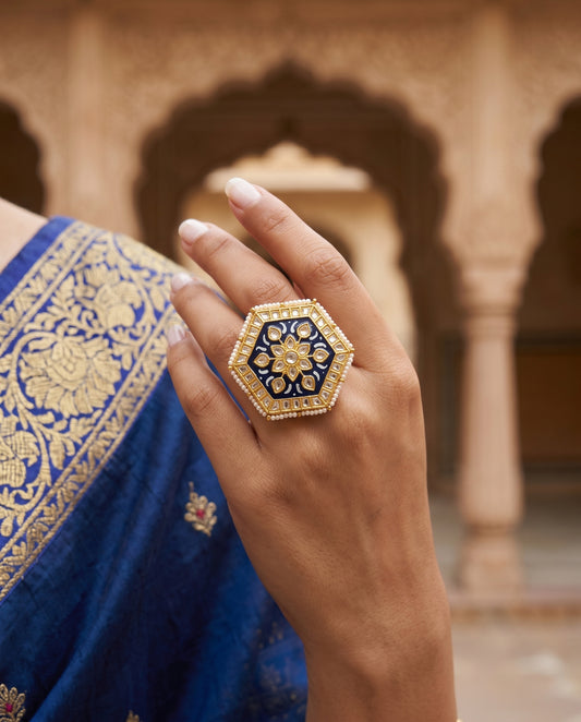 Handcrafted 22kt Gold Blue Hexagon Ring with Blue Meenakari Enamel Work and Certified Syndicate Polki in Thapa Work