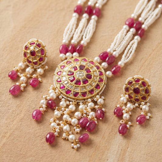 Jharoka Pink bloom necklace set | Vama Gears