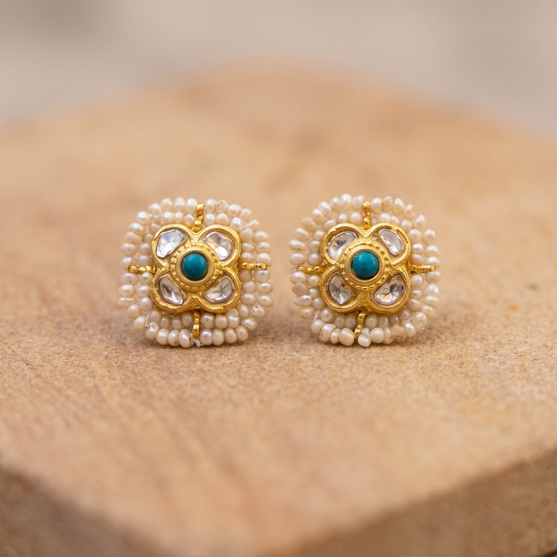 Handcrafted 22kt Gold Feroza Double Pearl Studs with Certified Syndicate Polki Turquoise Feroza and Two Pearls in Thapa Work