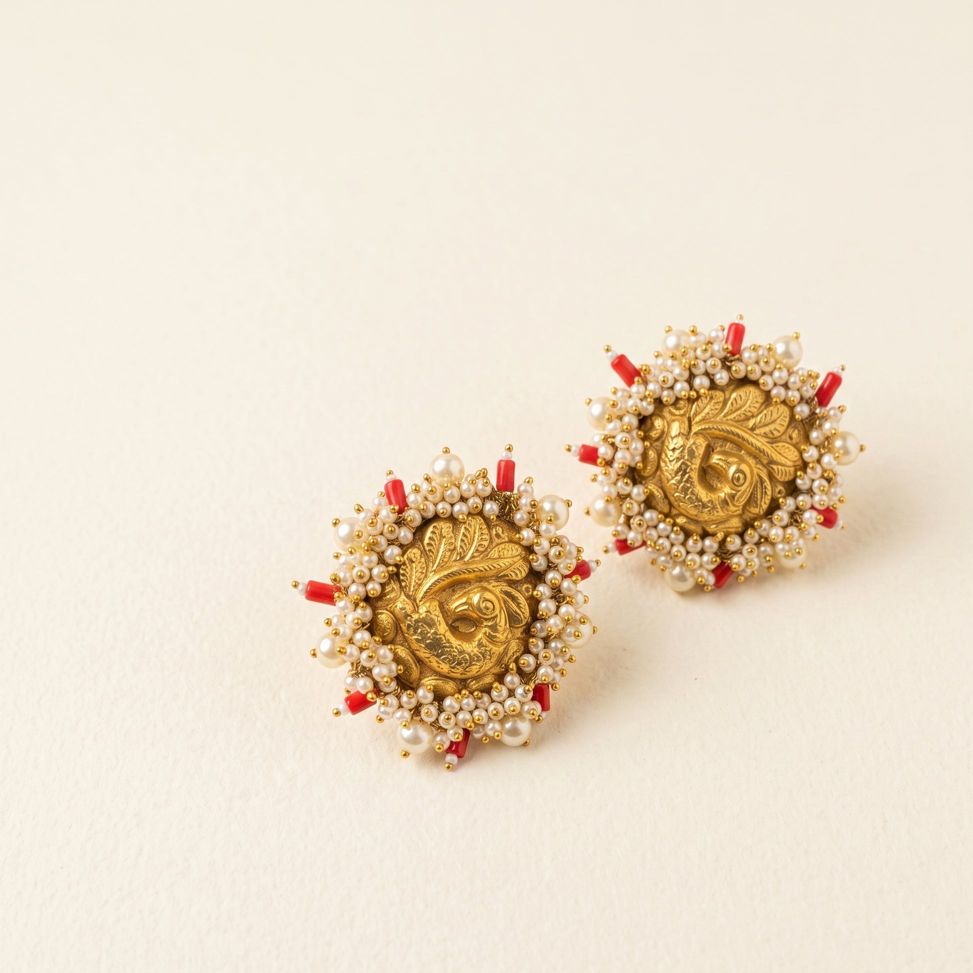 Handcrafted 22kt 916 Hallmarked Gold Peacock Earrings with Coral Stones in Peacock Motif Jhumki Thapa Work