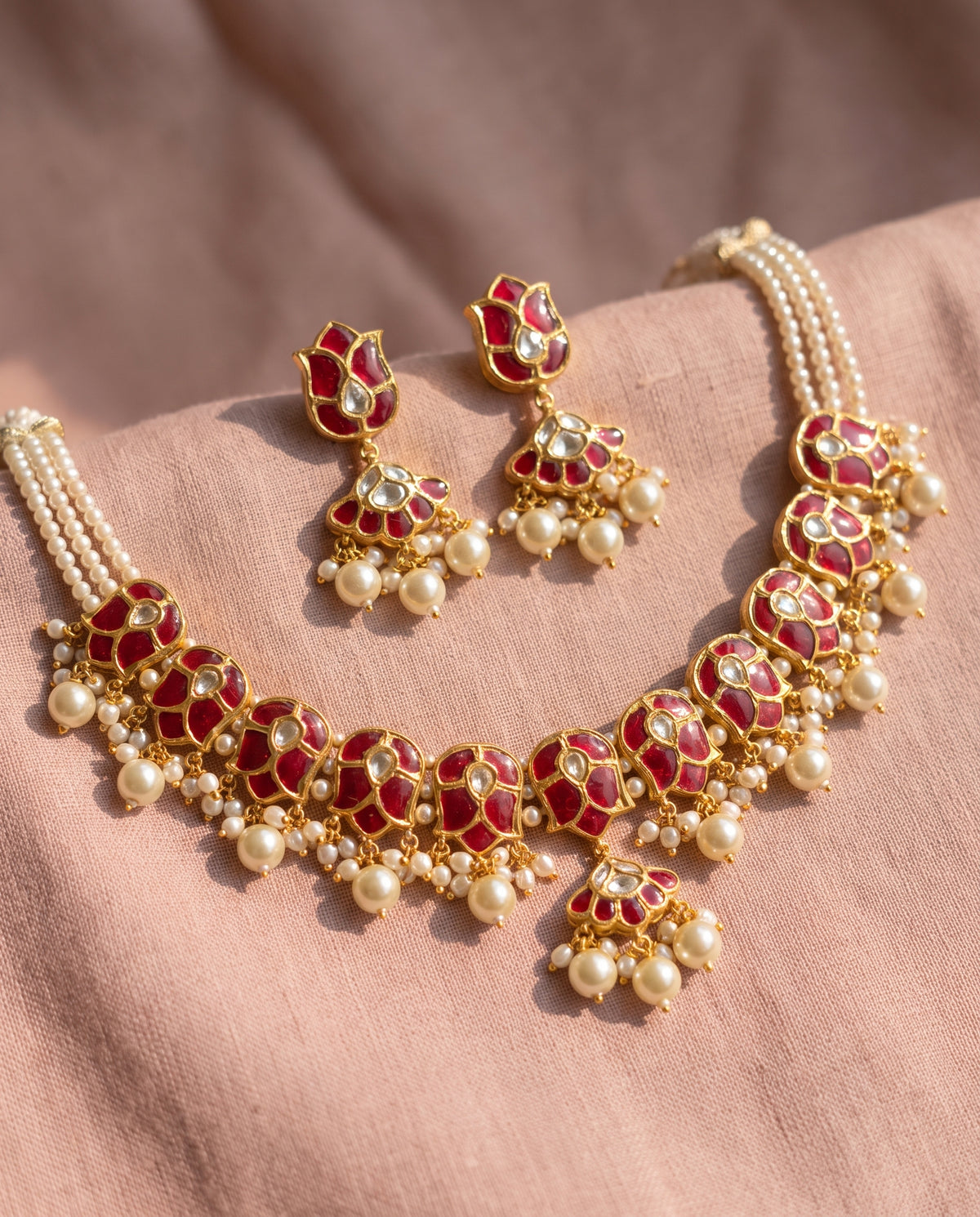 Handcrafted 22kt Gold Ruby Red U Necklace Set with 6 Carat Certified Syndicate Polki and Ruby Red Semi Precious Stones in Thapa Work