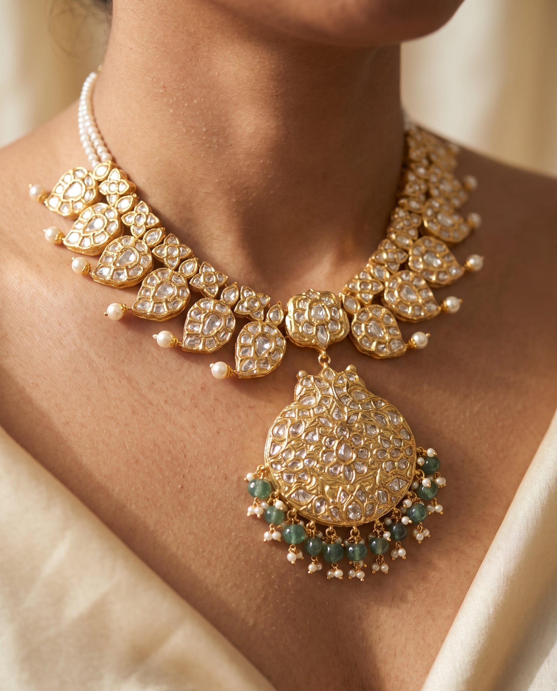 Handcrafted 22kt Gold Short Reversible Mango Mala with Pendant and 7 Carat Certified Syndicate Polki in Mango Motif Thapa Work